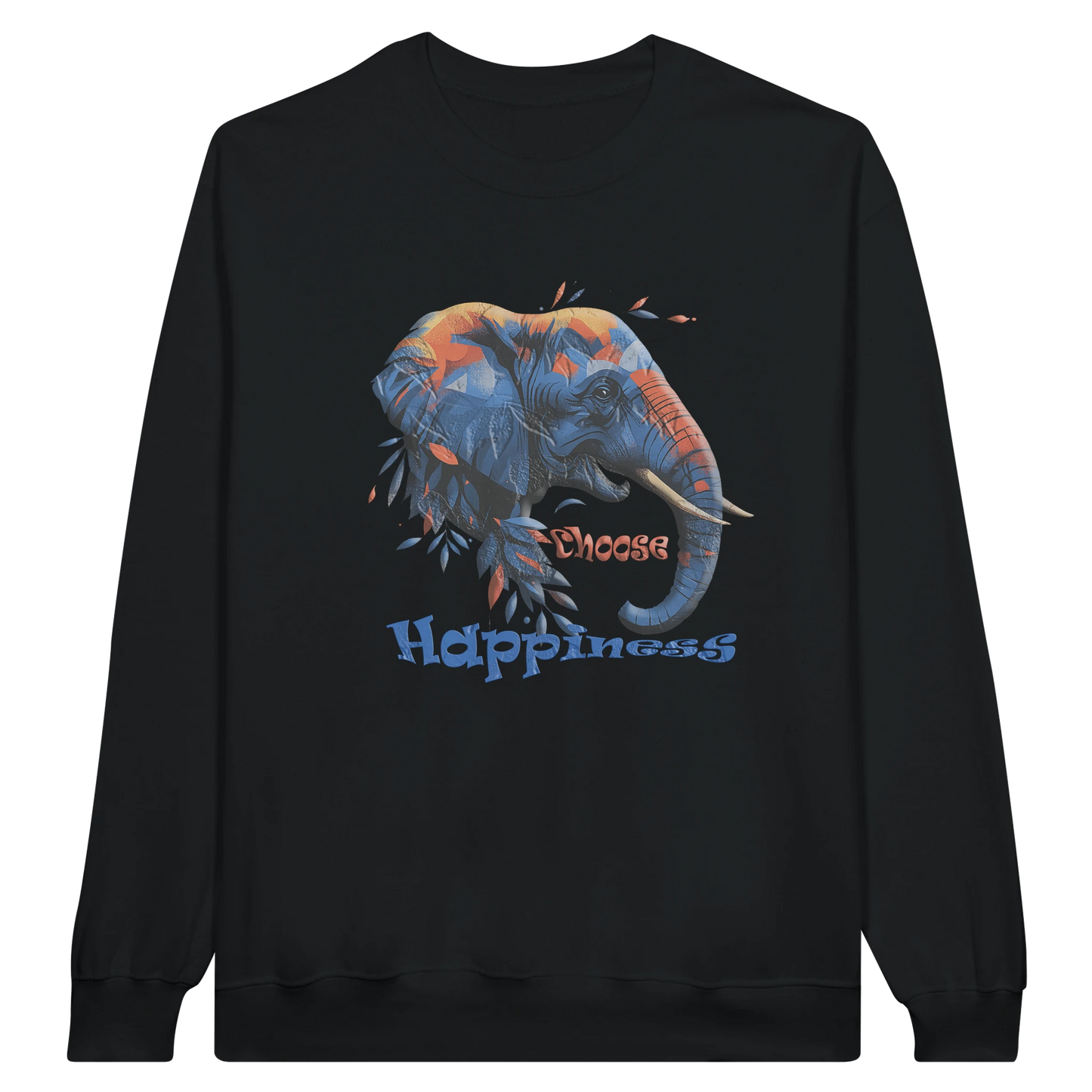 Front view — black sweatshirt with “Choose Happiness” elephant graphic design.