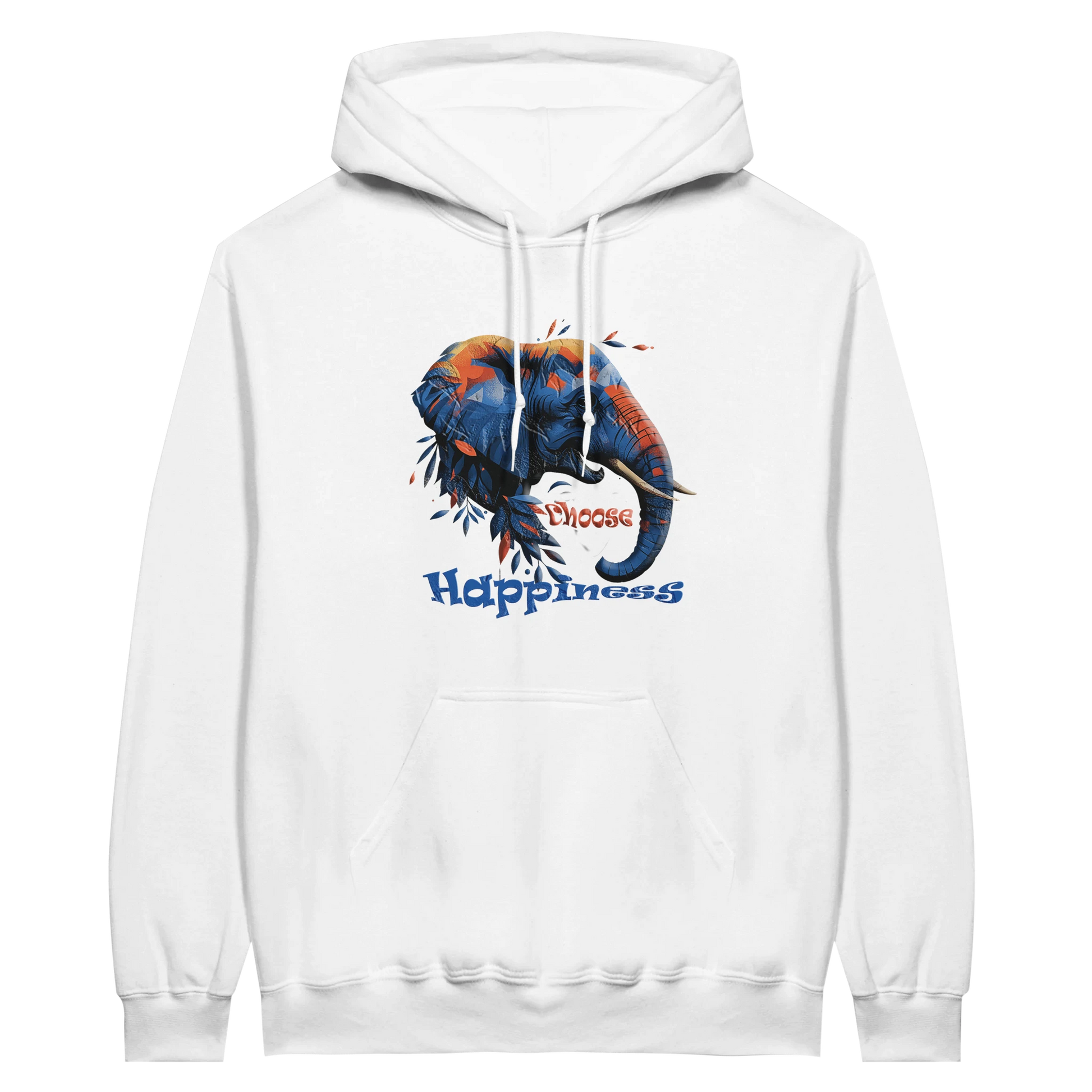 Front view — white hoodie with “Choose Happiness” elephant graphic design.