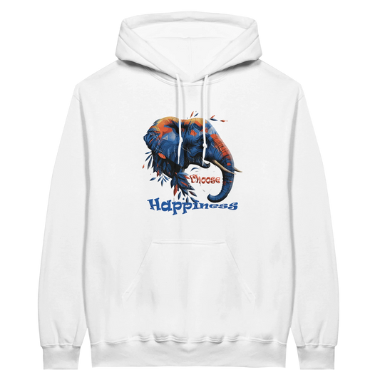 Front view — white hoodie with “Choose Happiness” elephant graphic design.