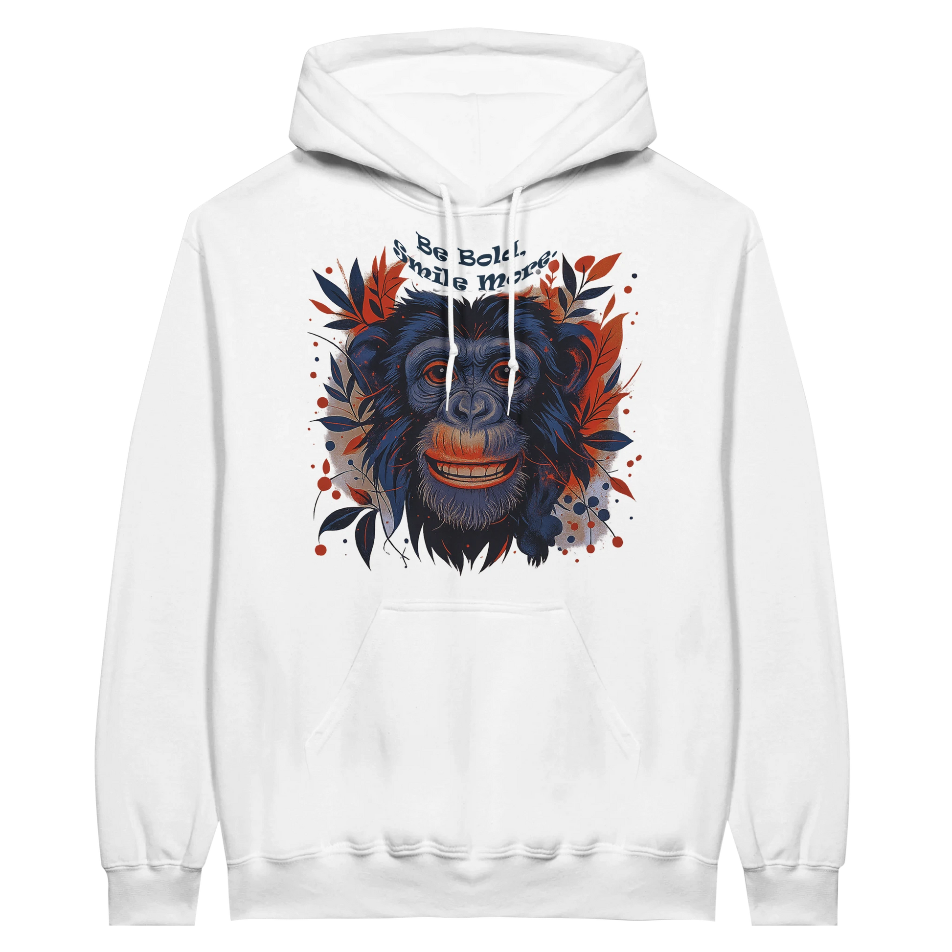 White hoodie with bold monkey print and slogan “Be Bold, Smile More”.