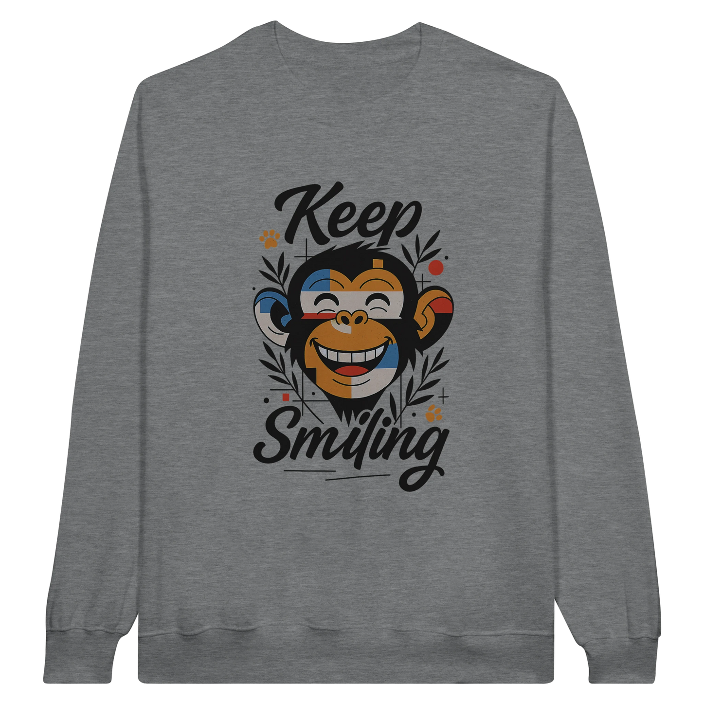 Front view — dark gray sweatshirt with “Keep Smiling” monkey graphic design.
