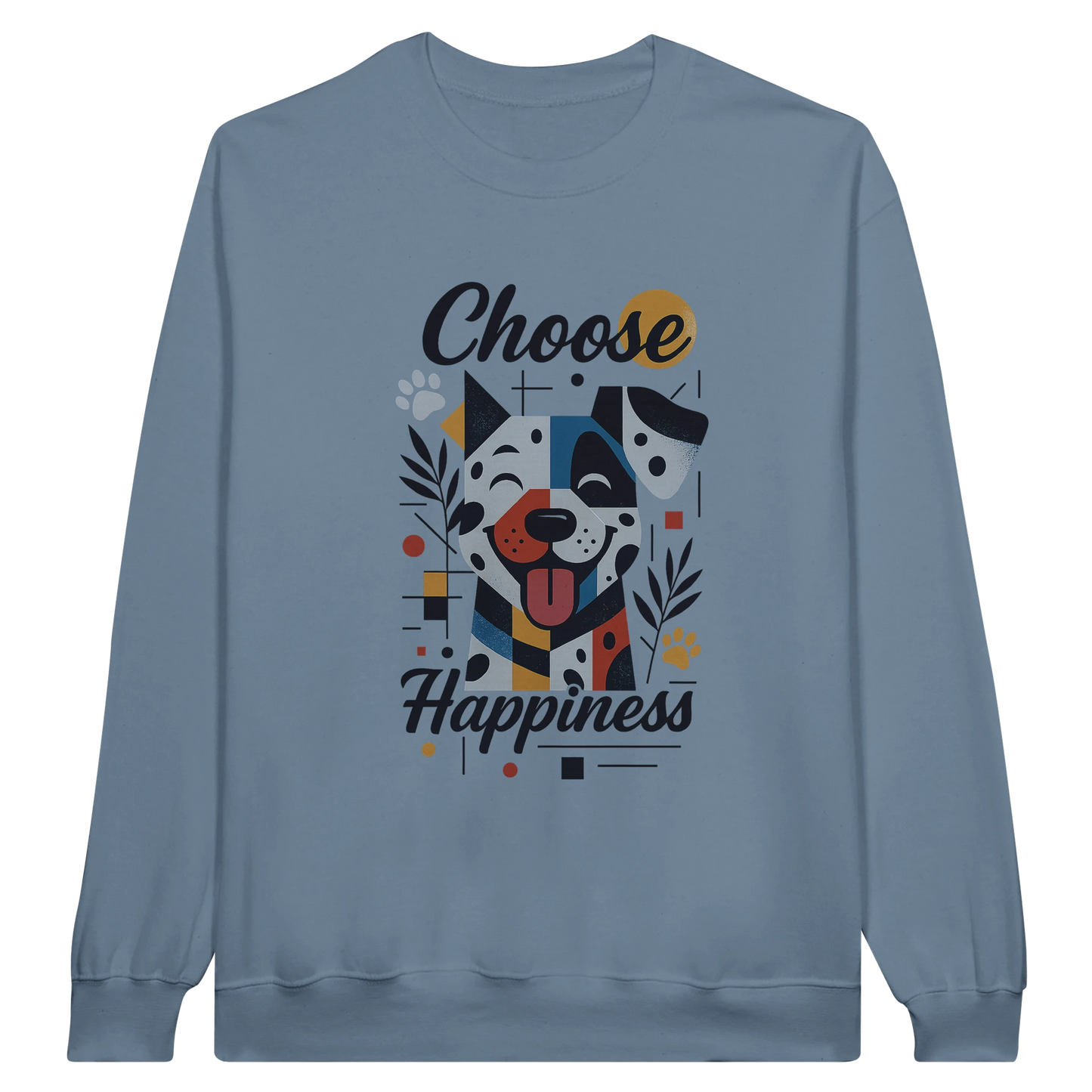 Front view — light blue sweatshirt with “Choose Happiness” dog graphic design.
