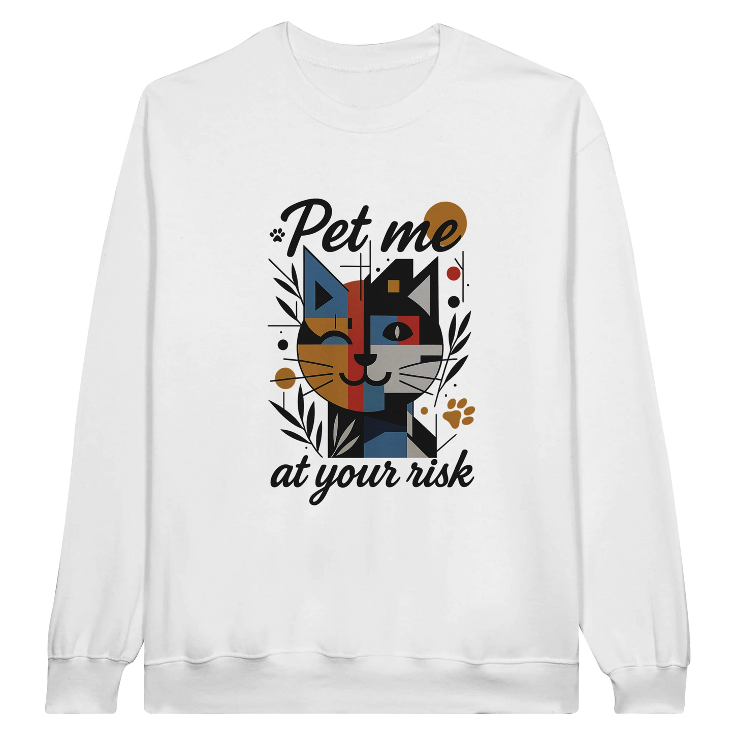 White sweatshirt with a colorful cat illustration and text “Pet me at your risk.”
