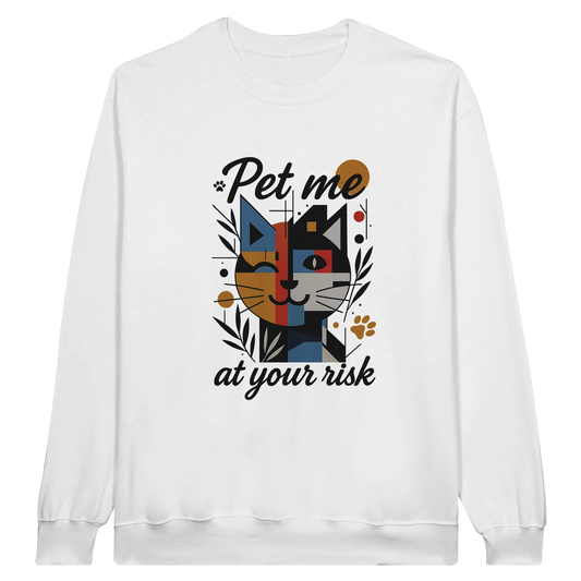 White sweatshirt with a colorful cat illustration and text “Pet me at your risk.”