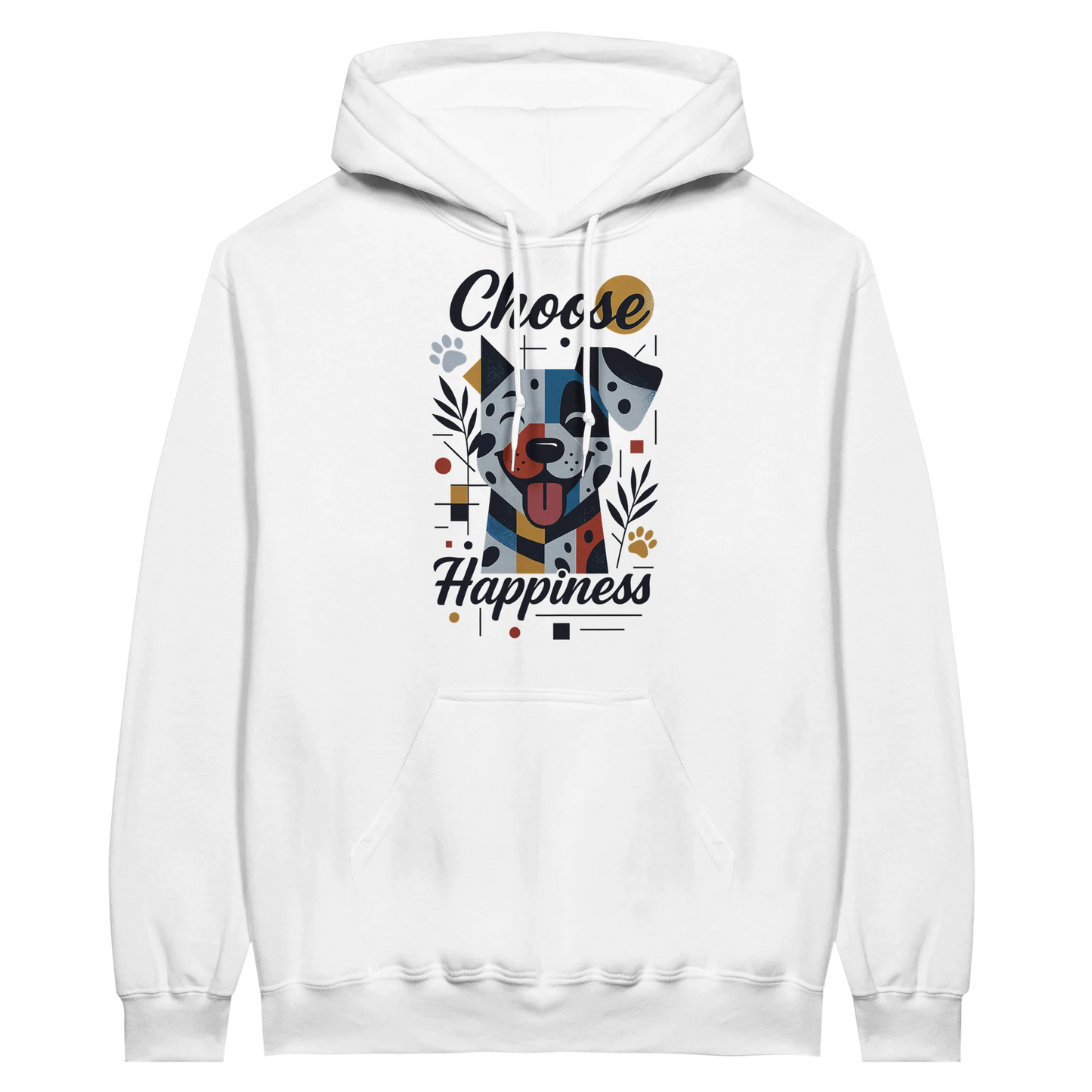 Front view — white hoodie with dog illustration and text “Choose Happiness.”