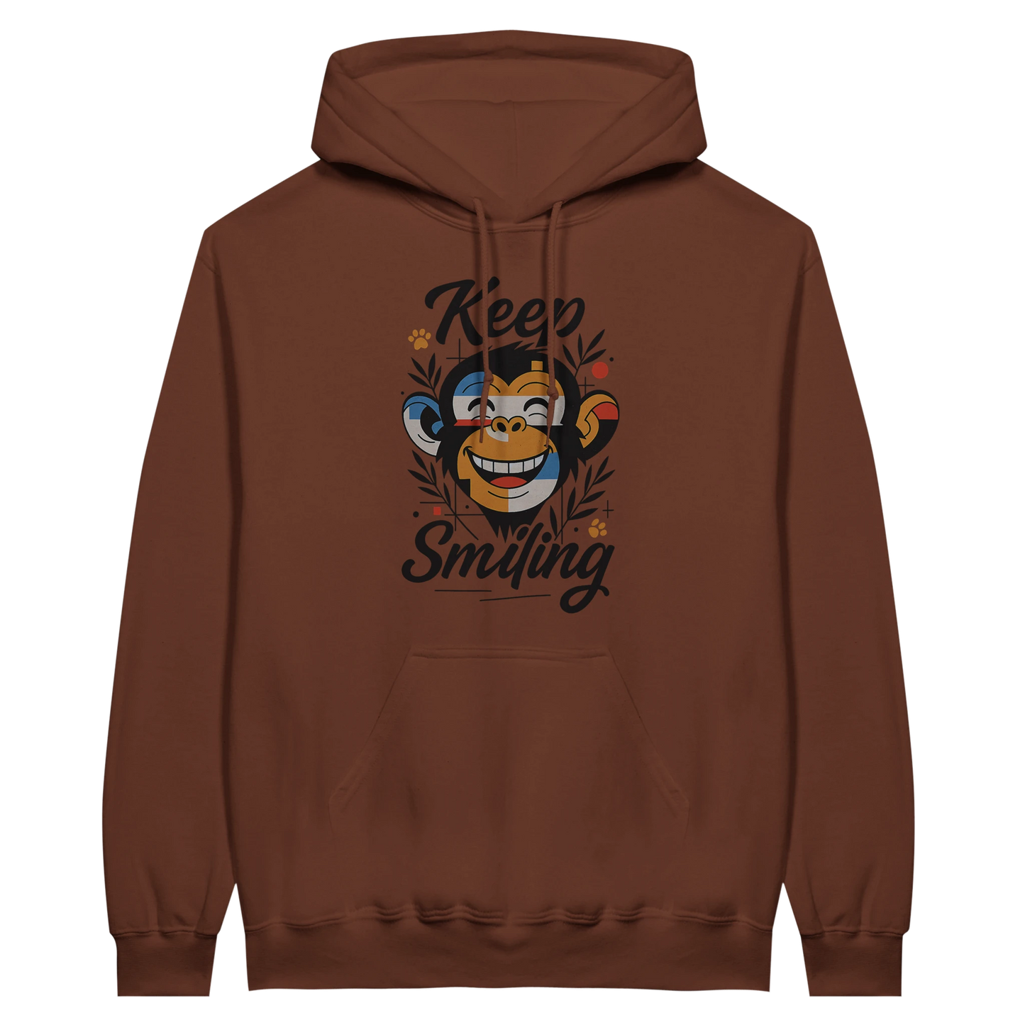 Brown hoodie with cartoon monkey illustration and “Keep Smiling” slogan on the front.