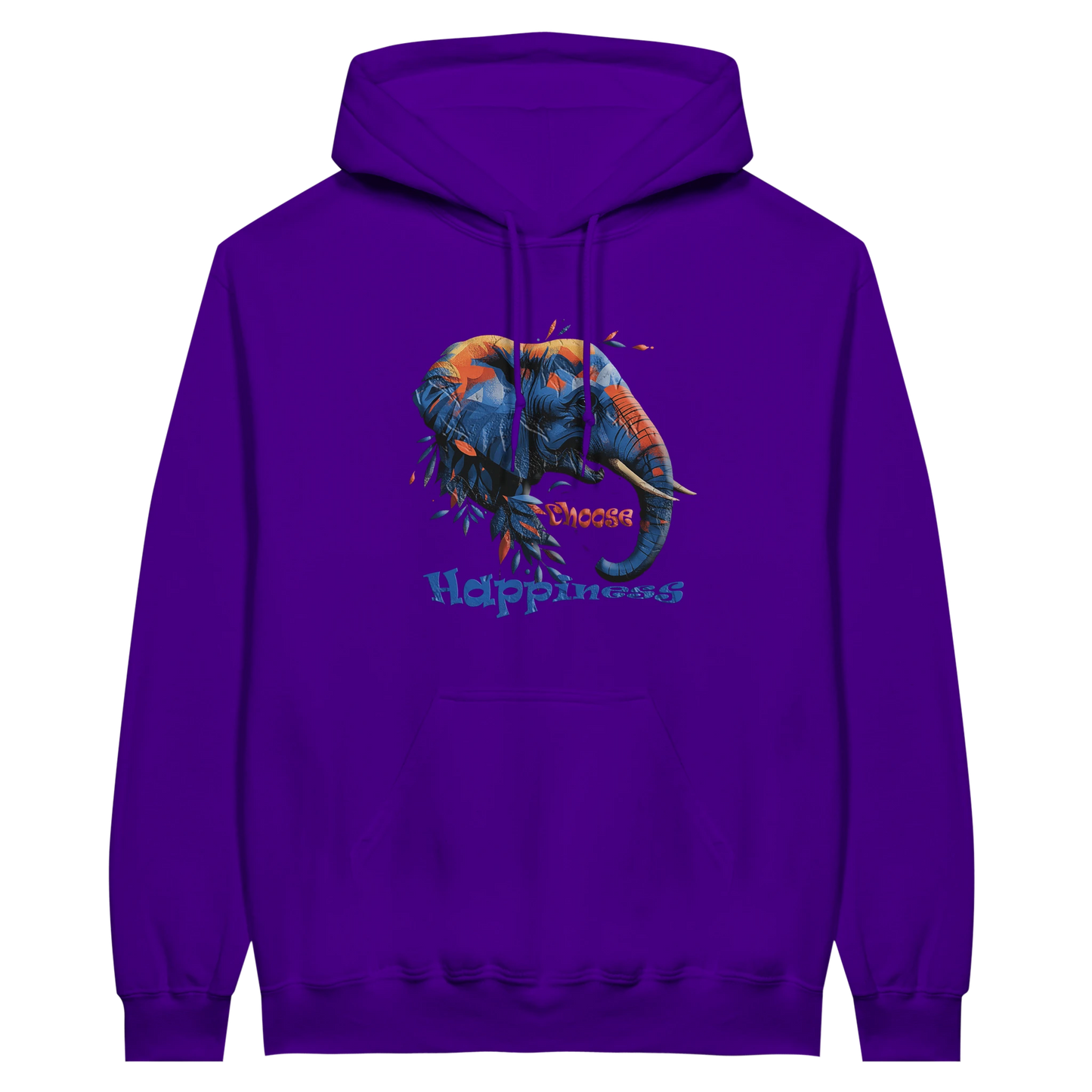 Front view — purple hoodie with “Choose Happiness” elephant graphic design.