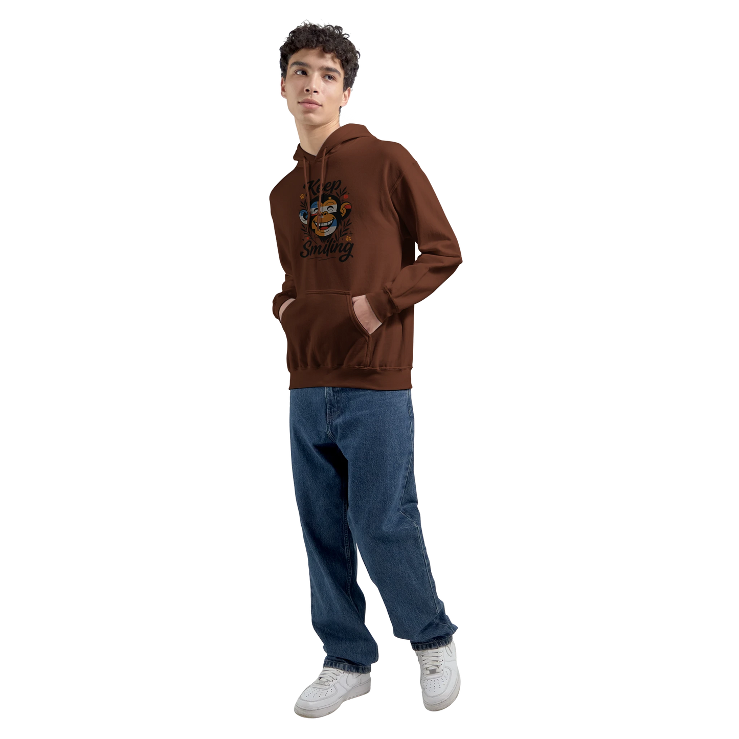 Male model wearing brown hoodie with monkey design, front view.