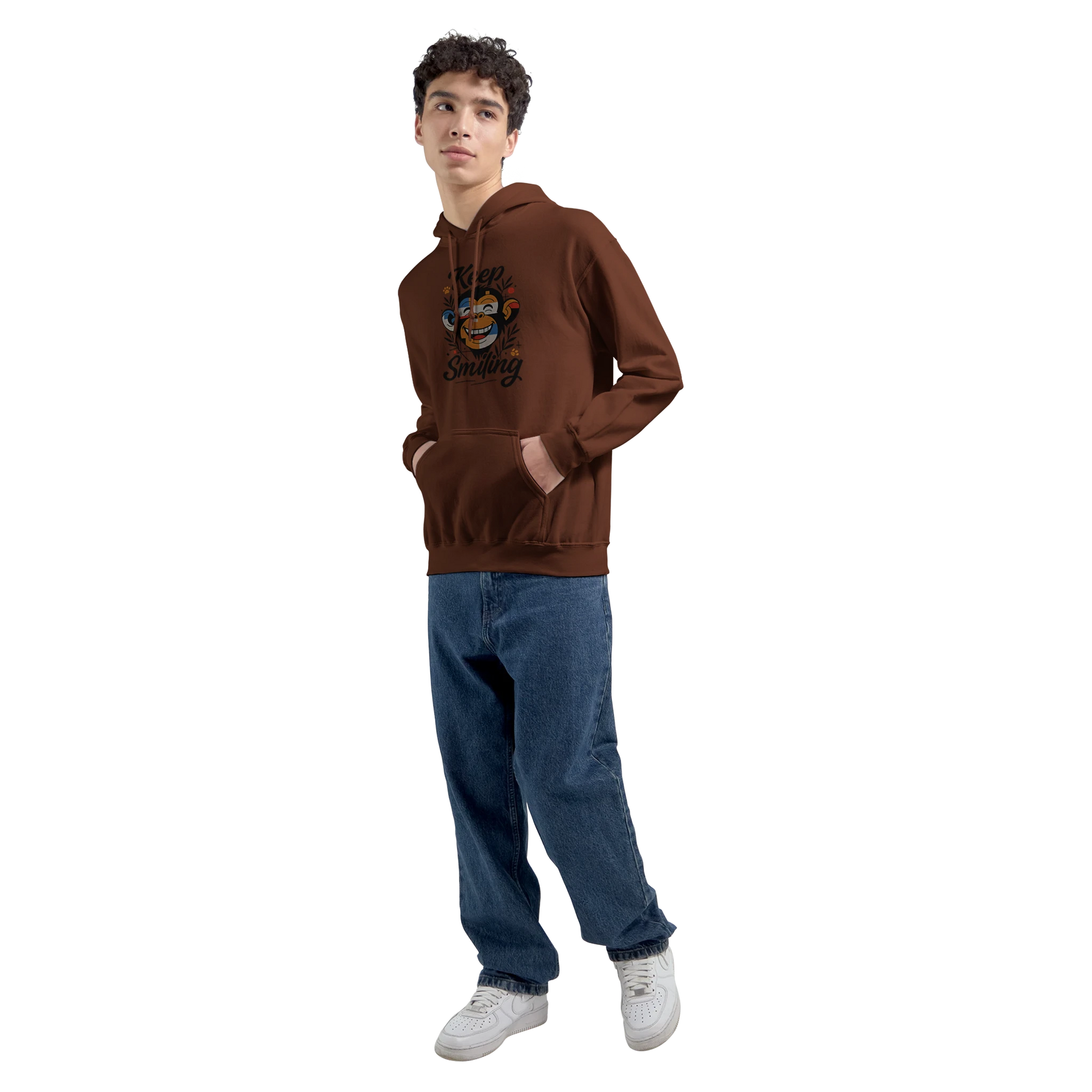 Male model wearing brown hoodie with monkey design, front view.