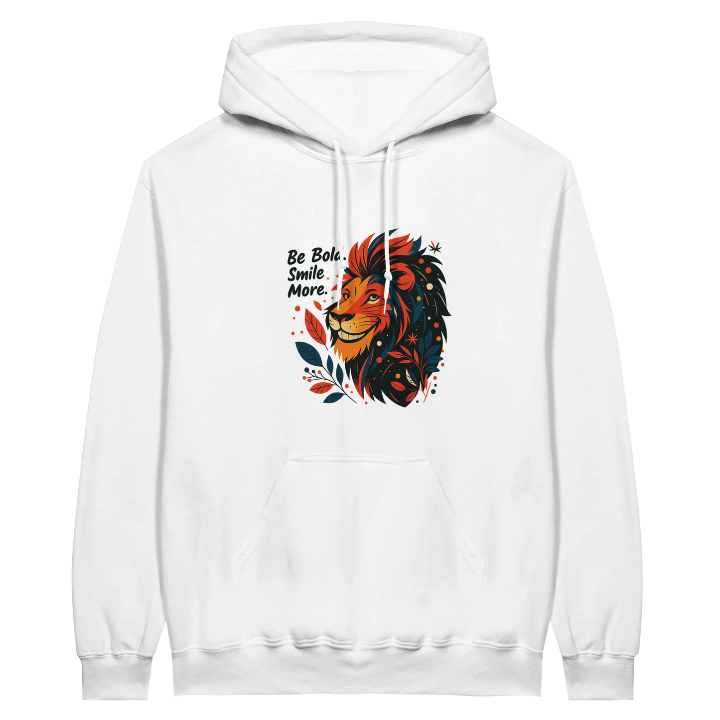 White hoodie with a bold lion illustration in rich orange and black tones, paired with the uplifting phrase “Be Bold, Smile More,” giving a confident streetwear look.