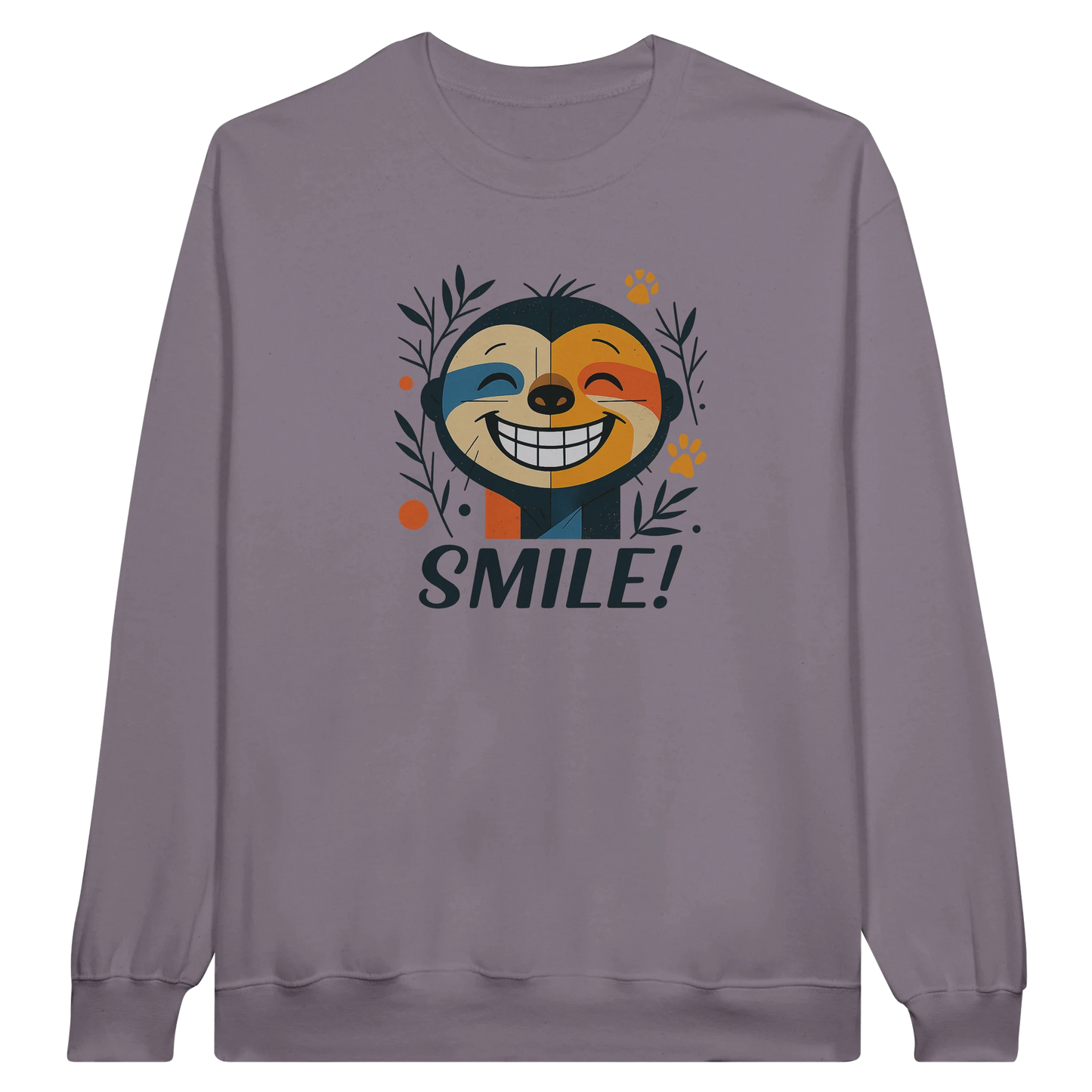 Front view — purple sweatshirt with smiling sloth (perezoso) graphic and text “SMILE!”.