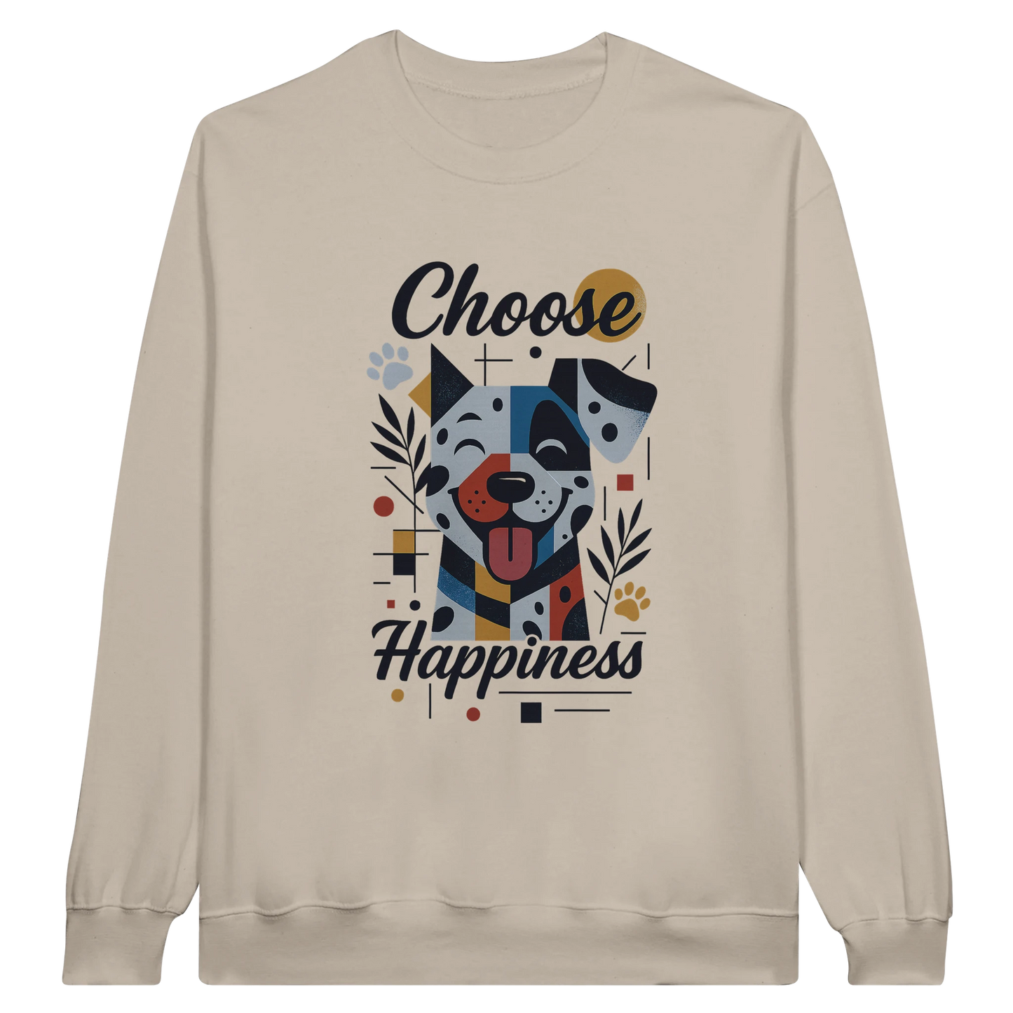 Front view — beige sweatshirt with “Choose Happiness” dog graphic design.