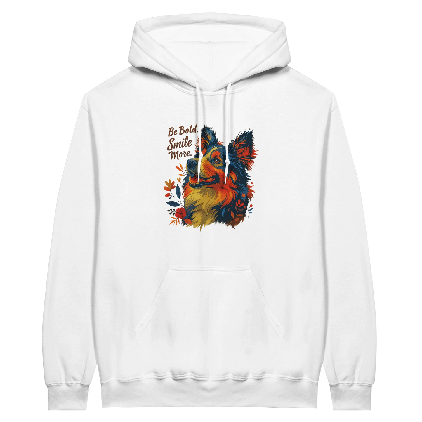 White hoodie with a colorful monkey illustration, paired with the motivational phrase “Be Bold, Smile More,” creating a fun and bold streetwear design.