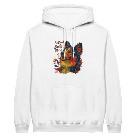 White hoodie with a colorful monkey illustration, paired with the motivational phrase “Be Bold, Smile More,” creating a fun and bold streetwear design.