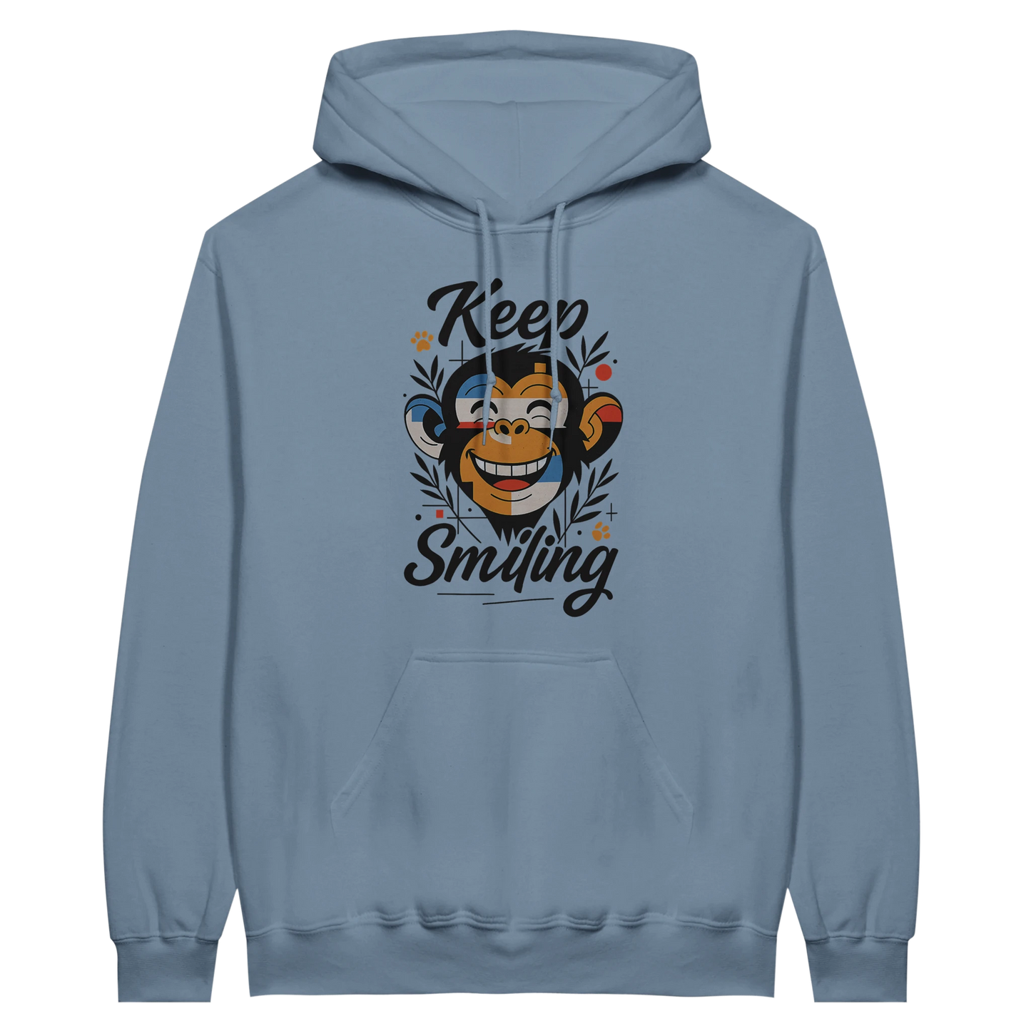 Light blue hoodie with cheerful monkey graphic and motivational slogan.