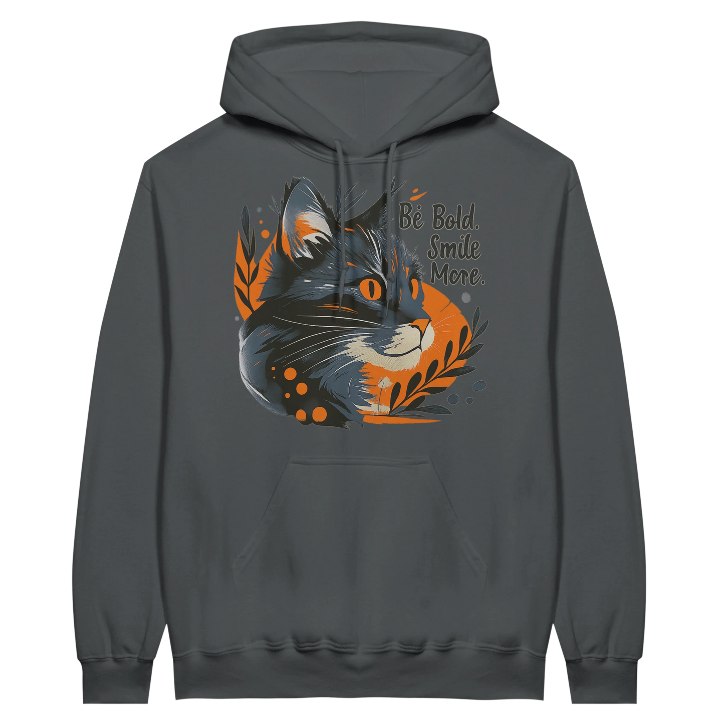 Dark grey hoodie with cat illustration and orange foliage details.
