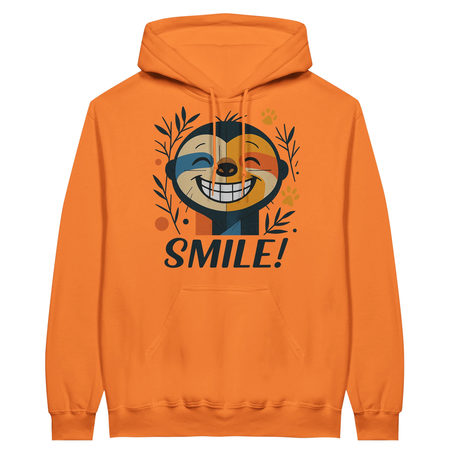 Orange hoodie with happy sloth artwork and uplifting “SMILE!” message.