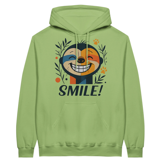 Light green hoodie with cheerful sloth design and big “SMILE!” slogan.