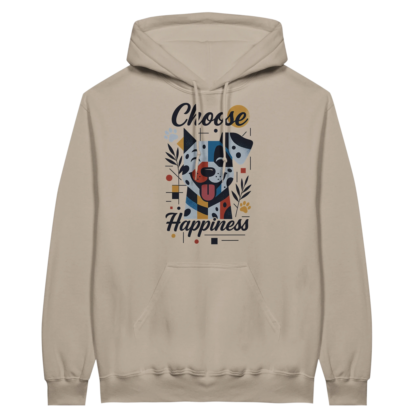 Front view — beige hoodie with dog illustration and text “Choose Happiness.”