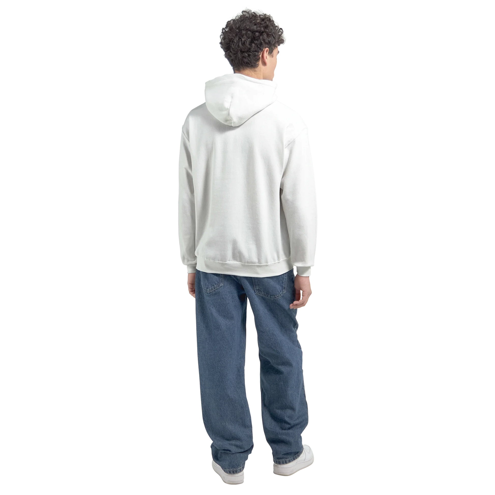Back view of the plain white hoodie, showing the clean unisex style without print on the reverse side.