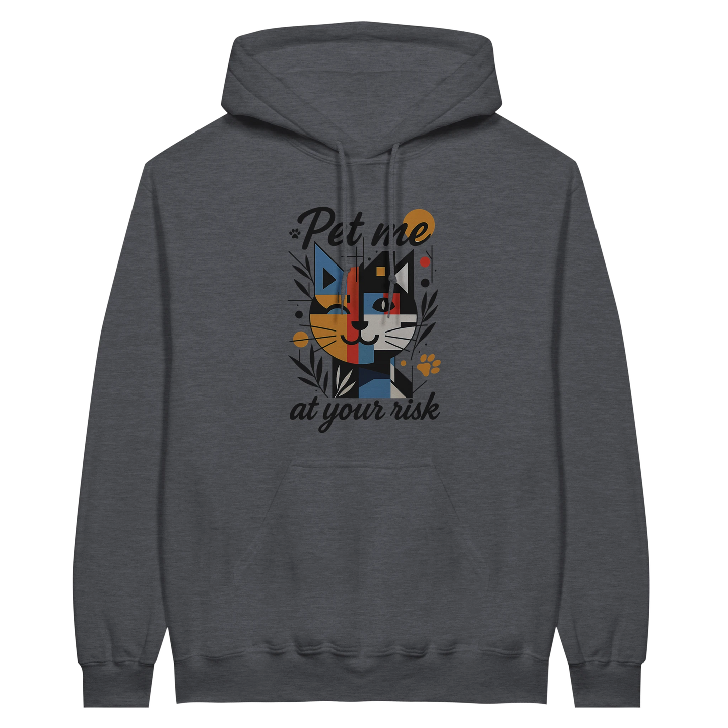 Front view — dark gray hoodie with cat graphic and text “Pet me at your risk.”