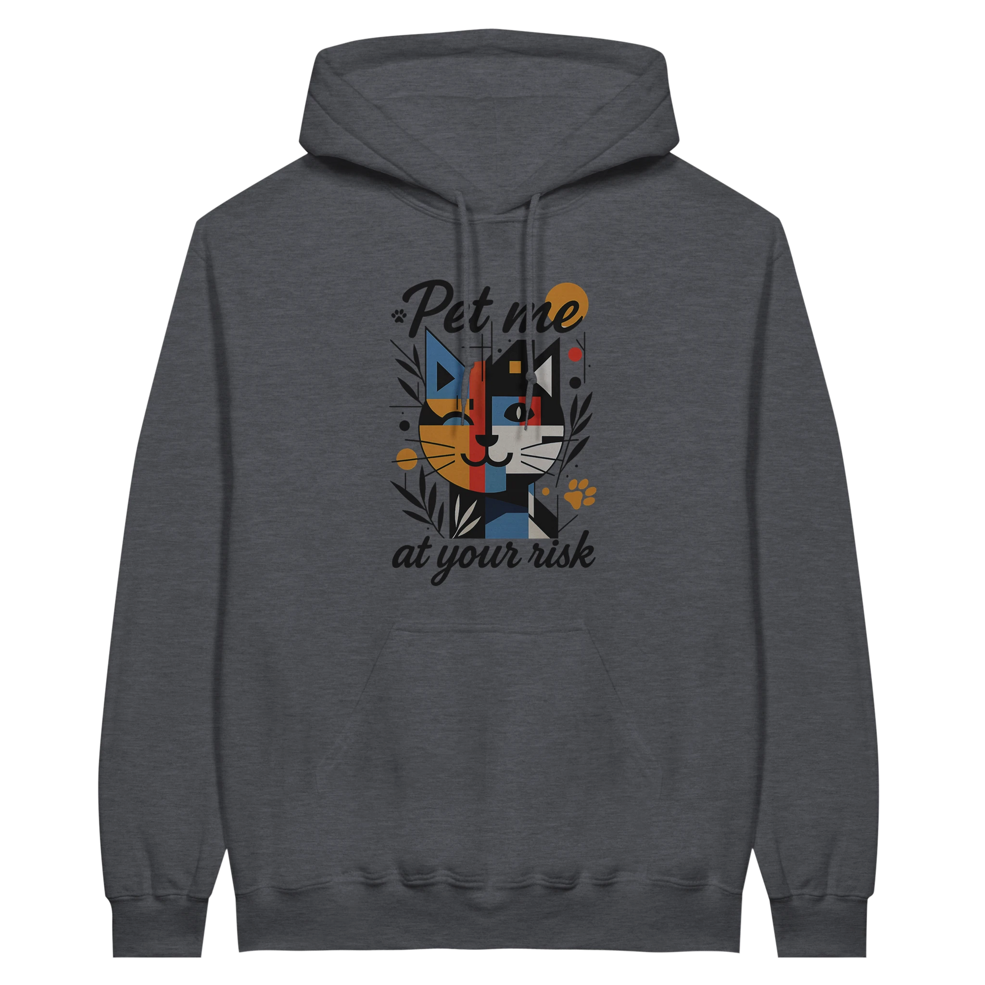 Front view — dark gray hoodie with cat graphic and text “Pet me at your risk.”