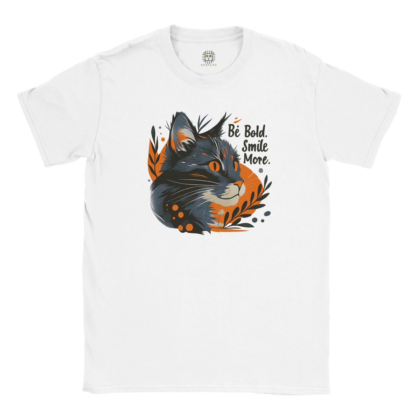 White unisex T-shirt — front print: stylized wolf head with orange leaves; flat lay.