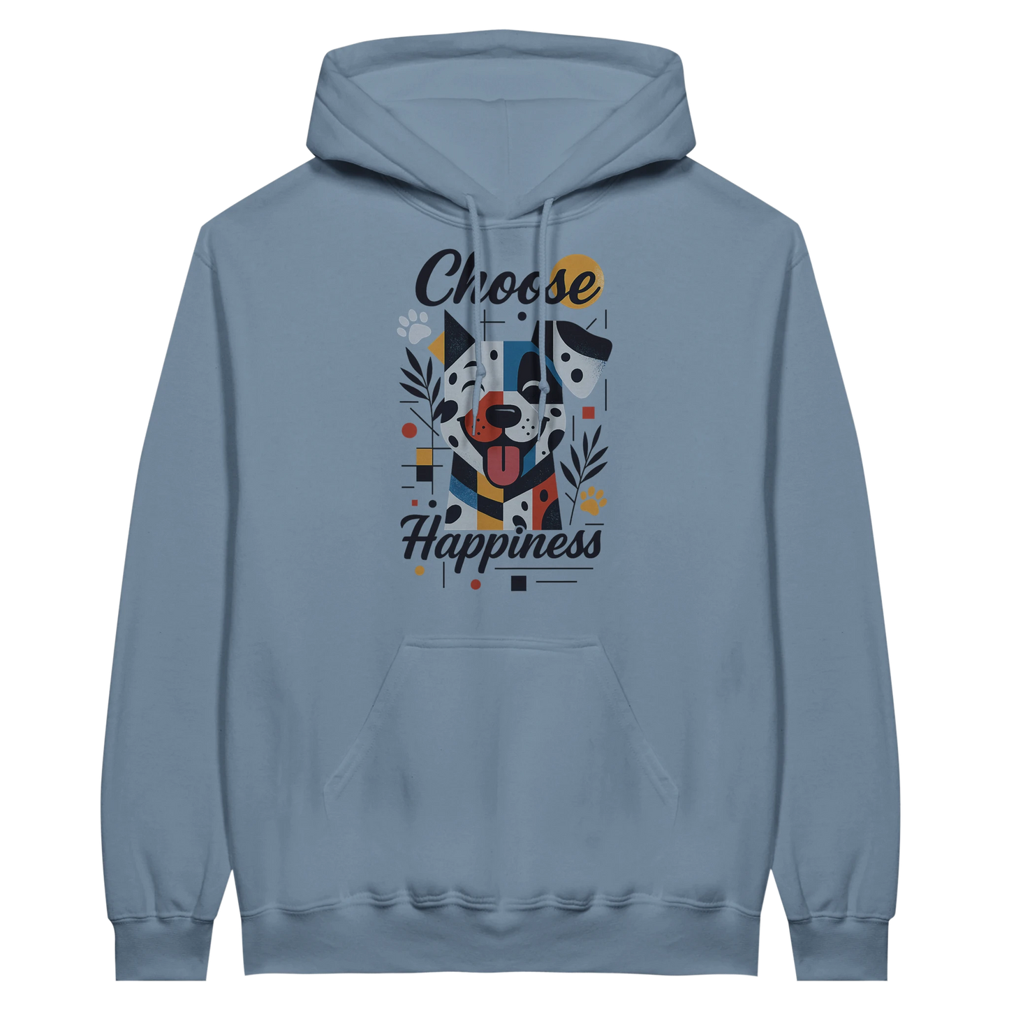Front view — light blue hoodie with dog illustration and text “Choose Happiness.”