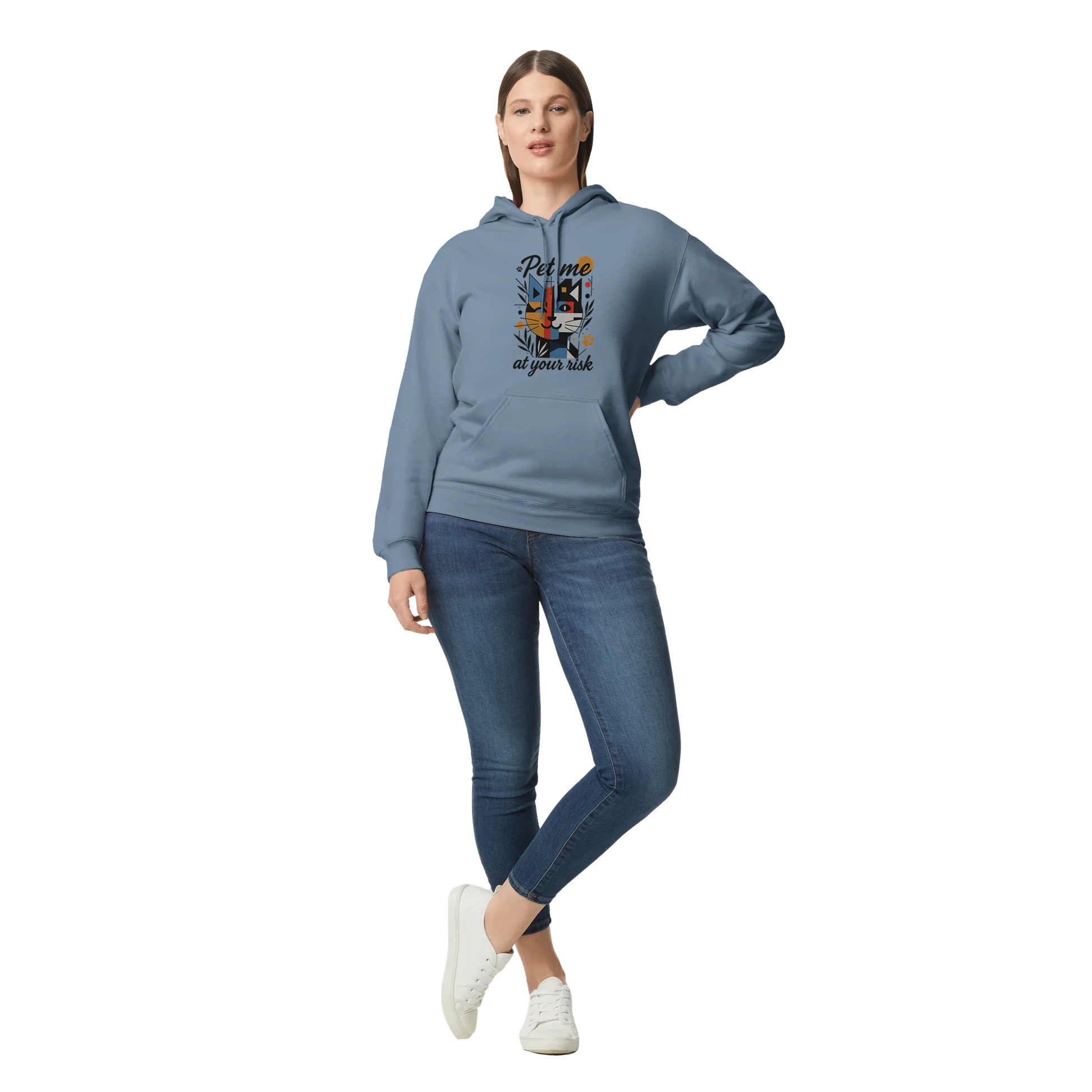Female model front view — wearing light blue hoodie with cat graphic “Pet me at your risk.”