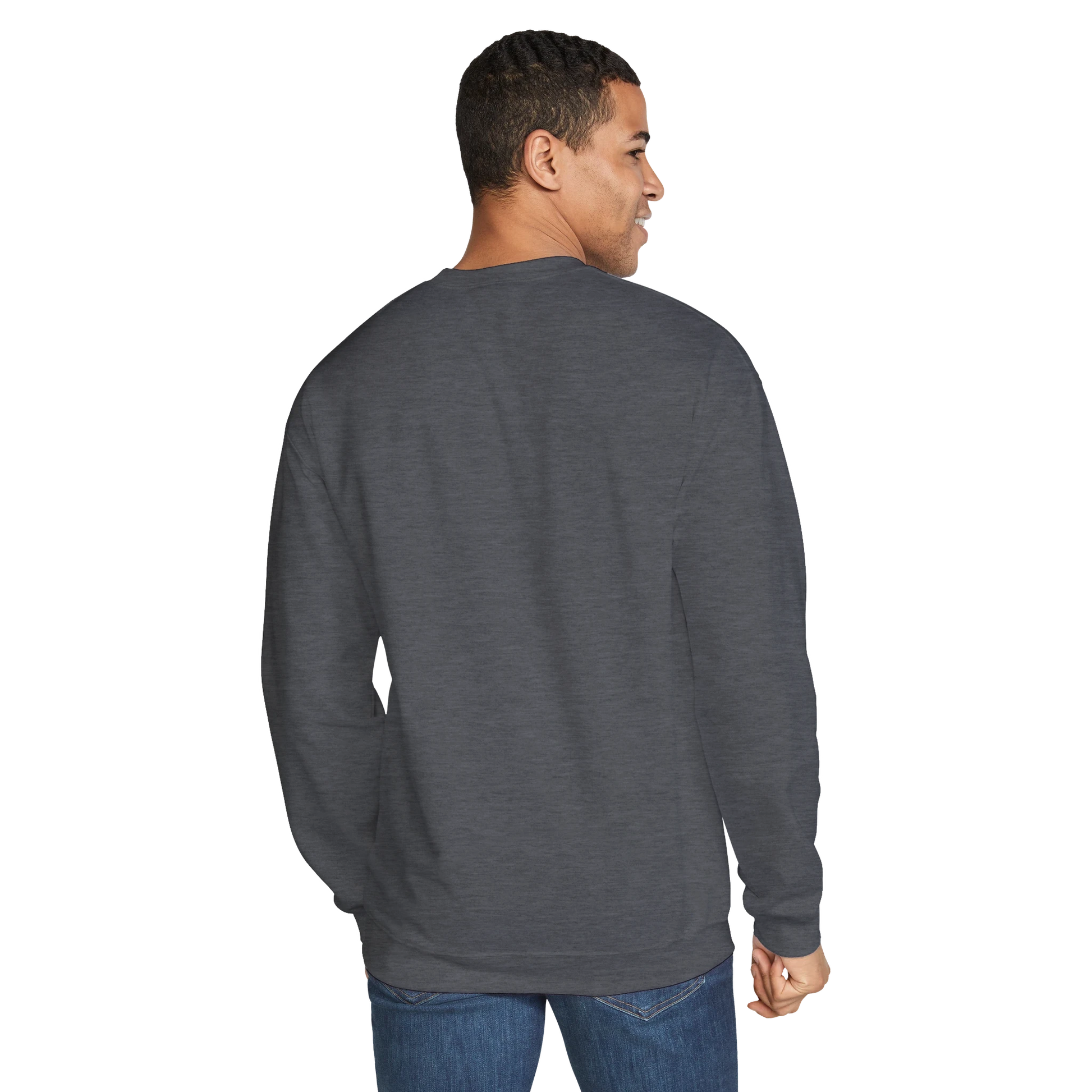 Back view (male model) — plain dark gray sweatshirt, no print.