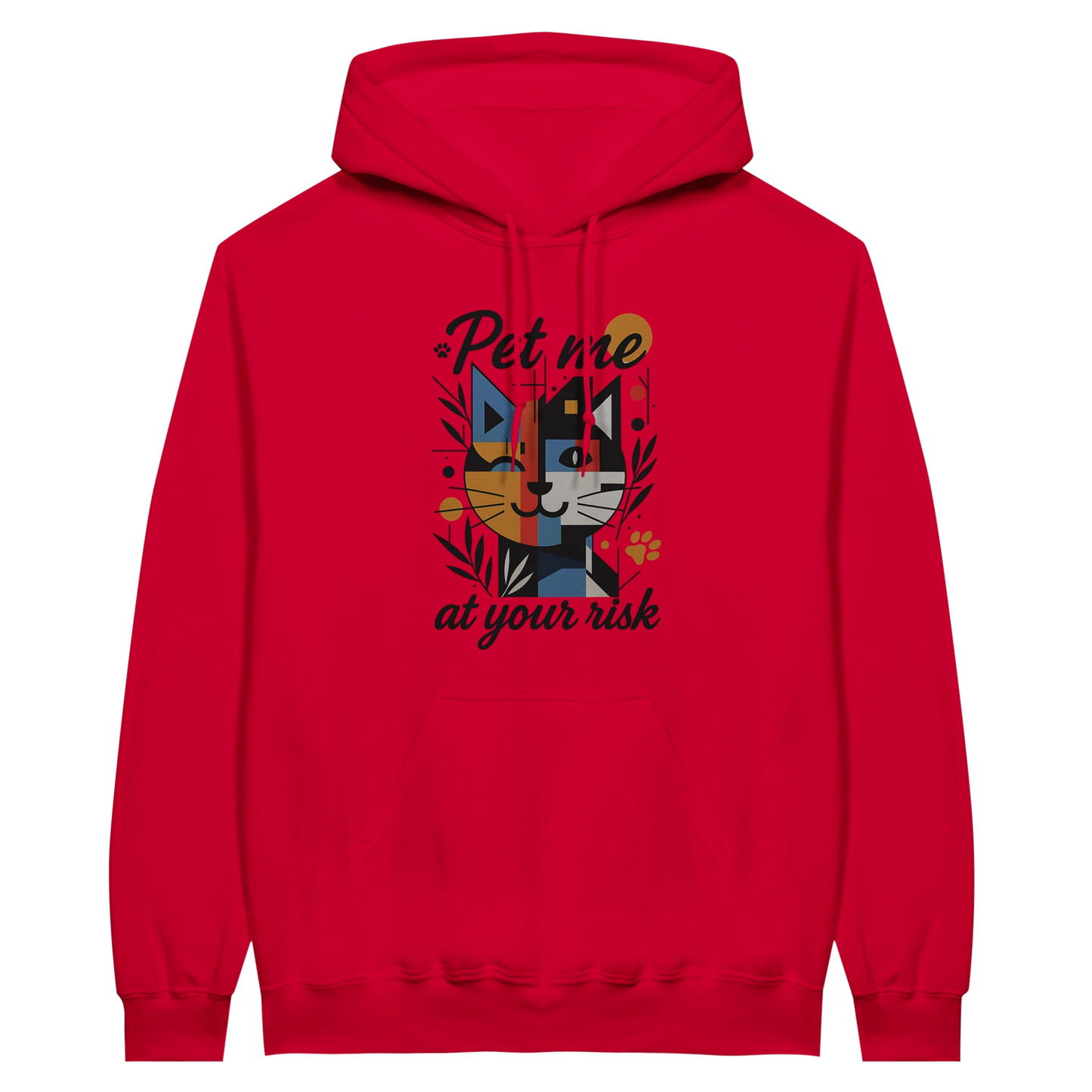 Front view — red hoodie with cat graphic and text “Pet me at your risk.”