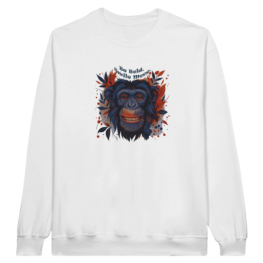 Front view — white sweatshirt with colorful chimpanzee graphic design and text.
