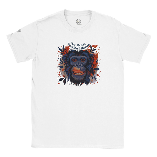 White unisex T-shirt with a chimpanzee illustration and slogan “Be Wild Stay Free,” displayed flat.