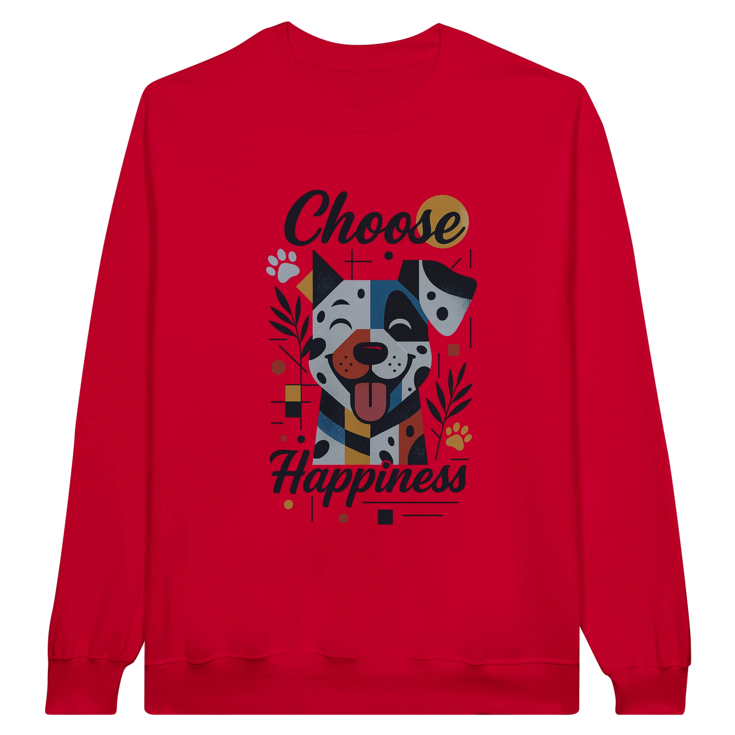 Front view — red sweatshirt with “Choose Happiness” dog graphic design.