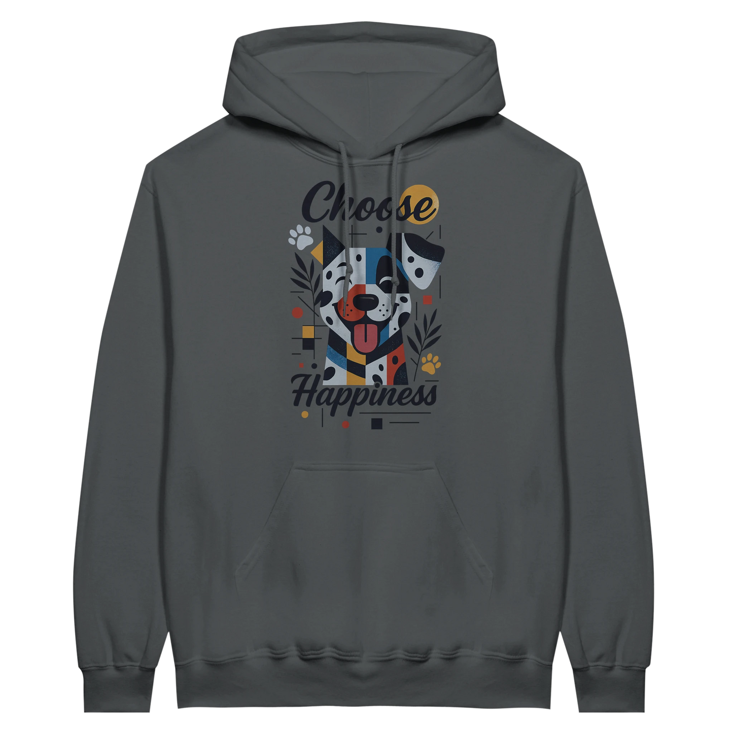 Front view — dark gray hoodie with dog illustration and text “Choose Happiness.”