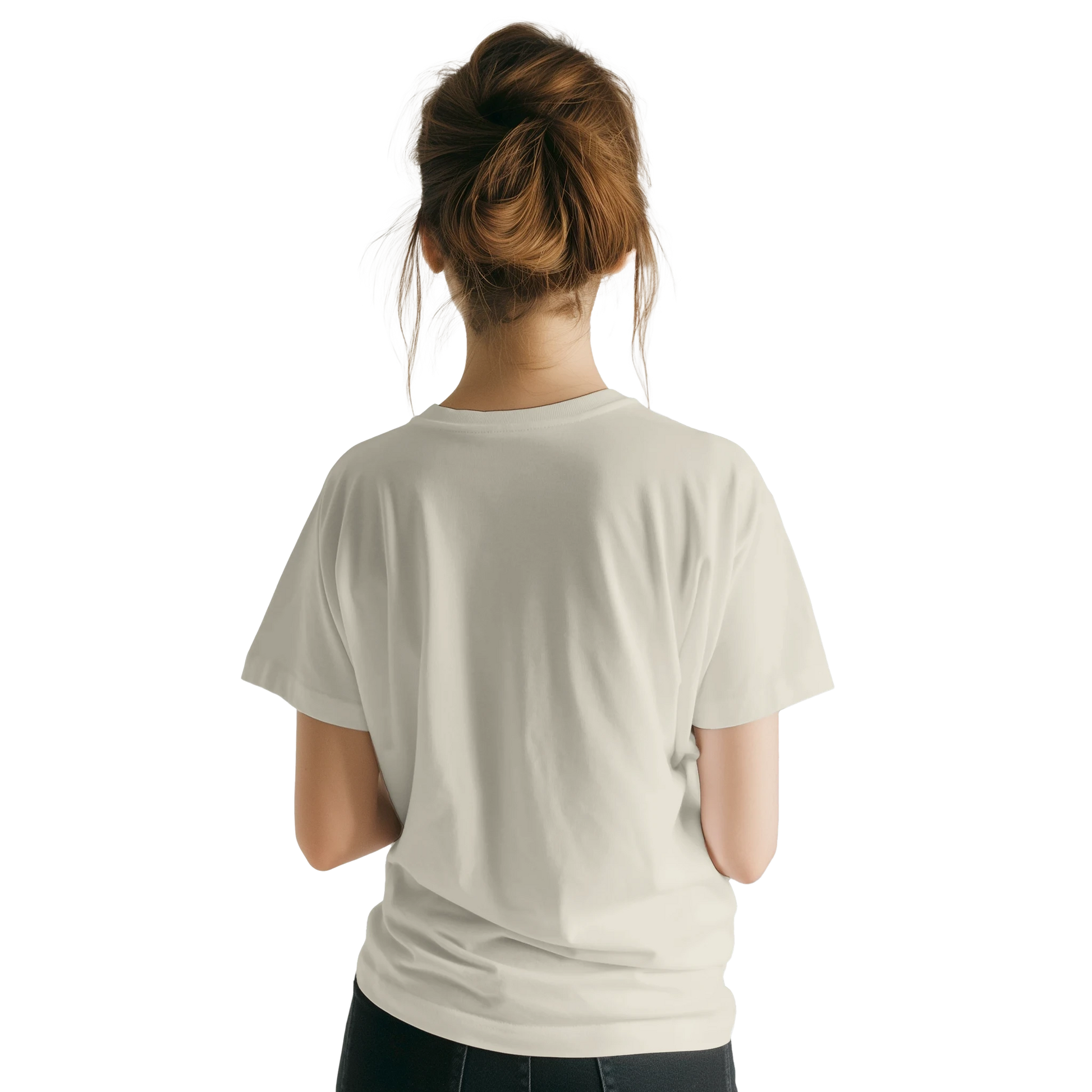 Female model wearing white T-shirt — back view; plain, no print.