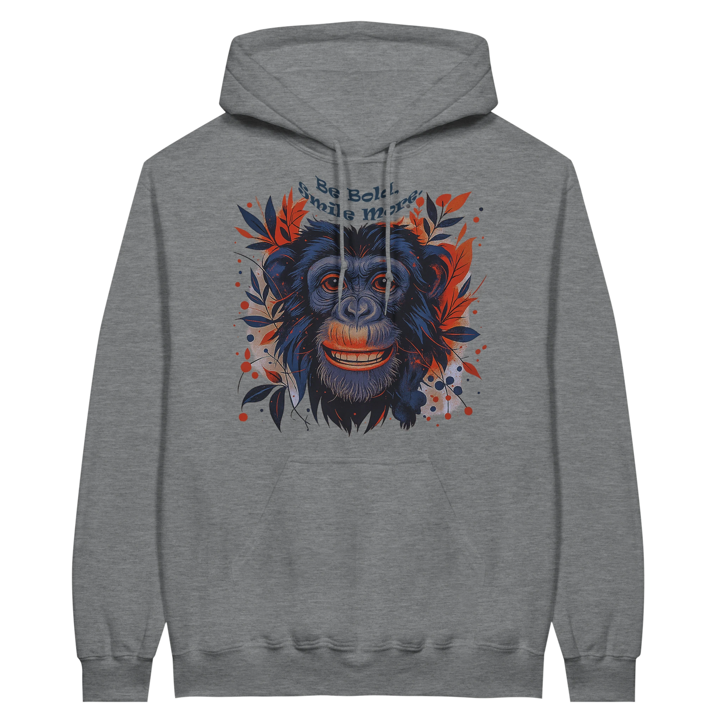 Grey hoodie with monkey design and uplifting words “Smile More”.