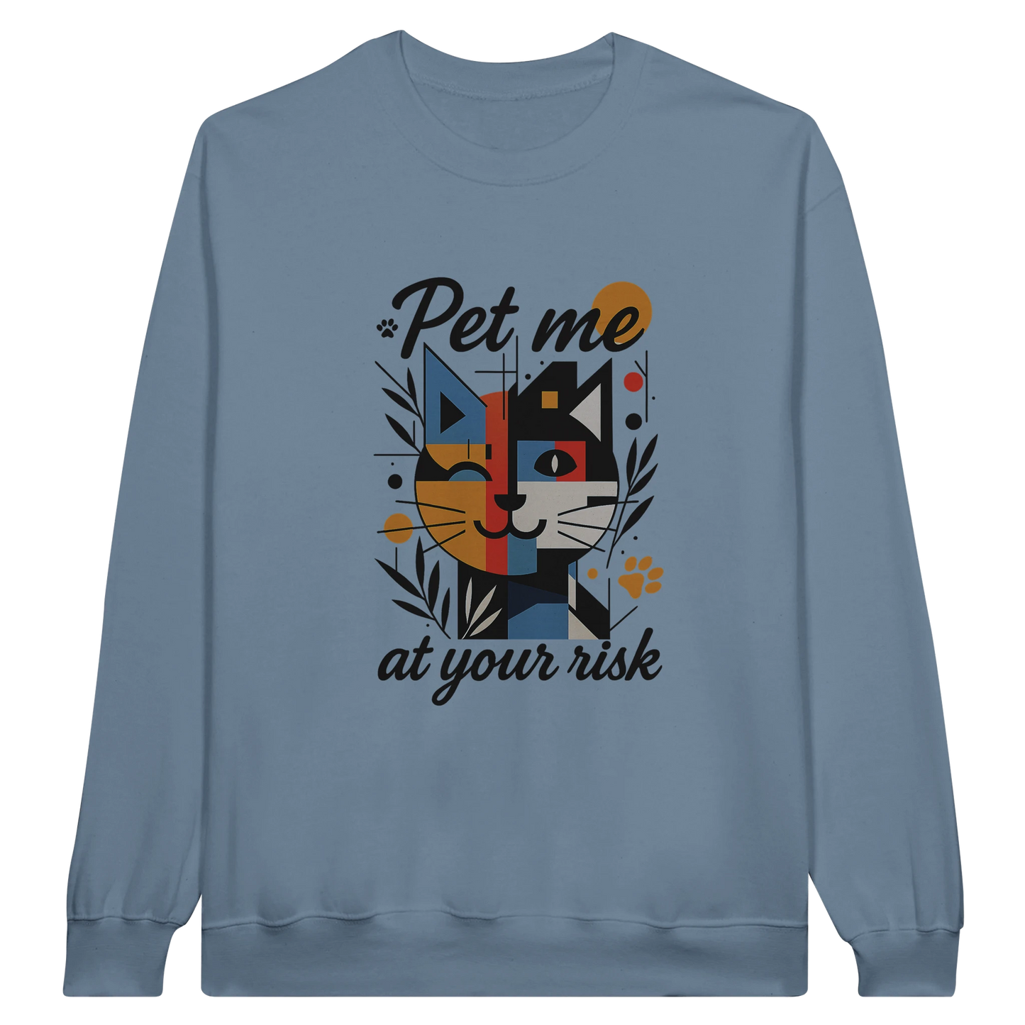 Light blue sweatshirt with cat graphic design and text “Pet me at your risk.”