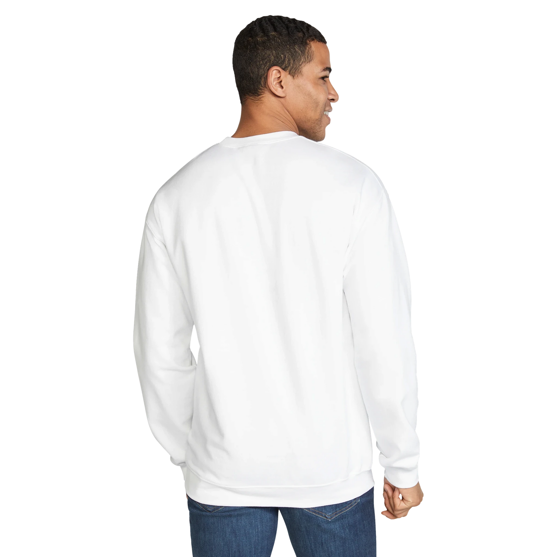 Back view — male model wearing a plain white sweatshirt (no print visible).