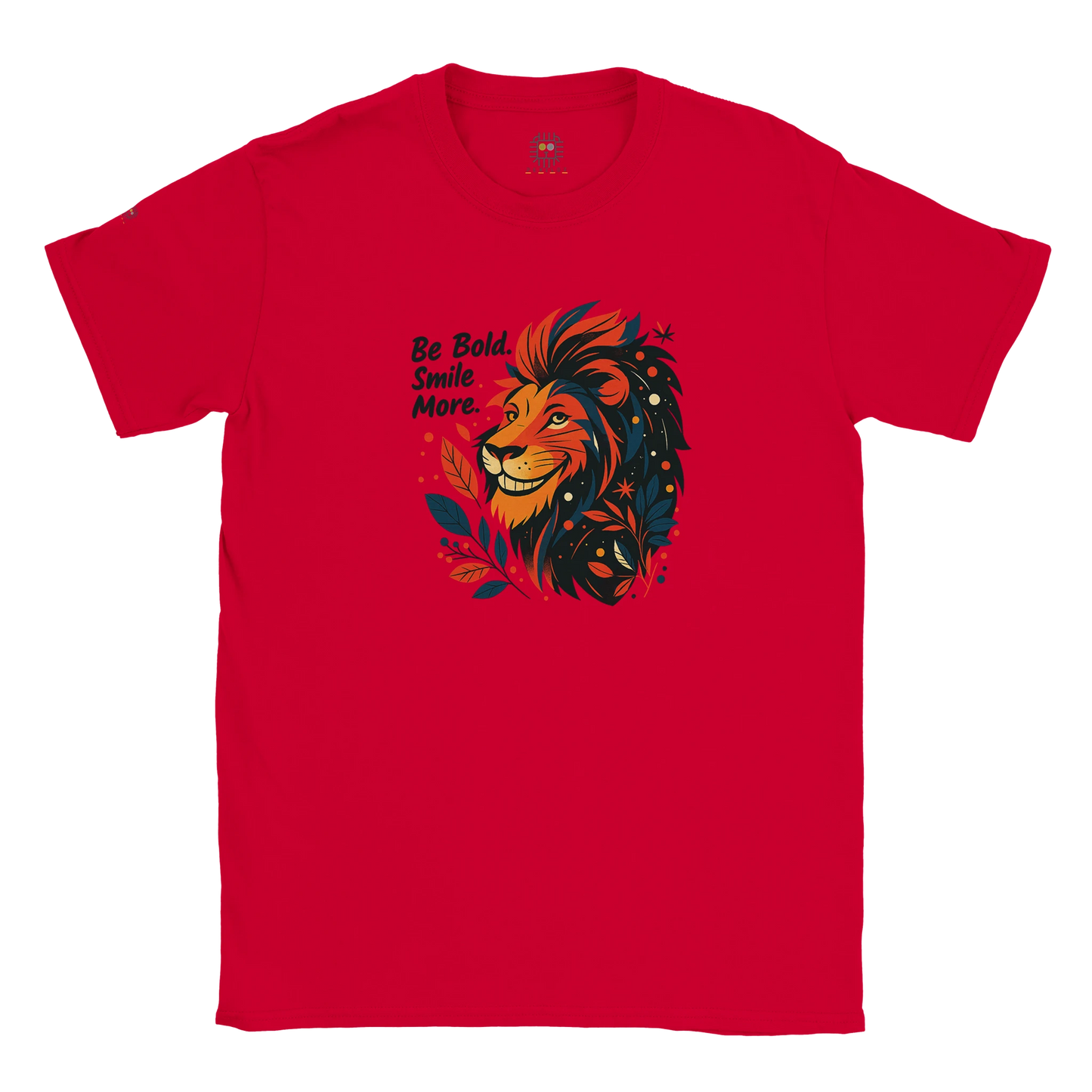 Red unisex T-shirt with a lion illustration and slogan “Be Bold Stay Strong,” displayed flat.