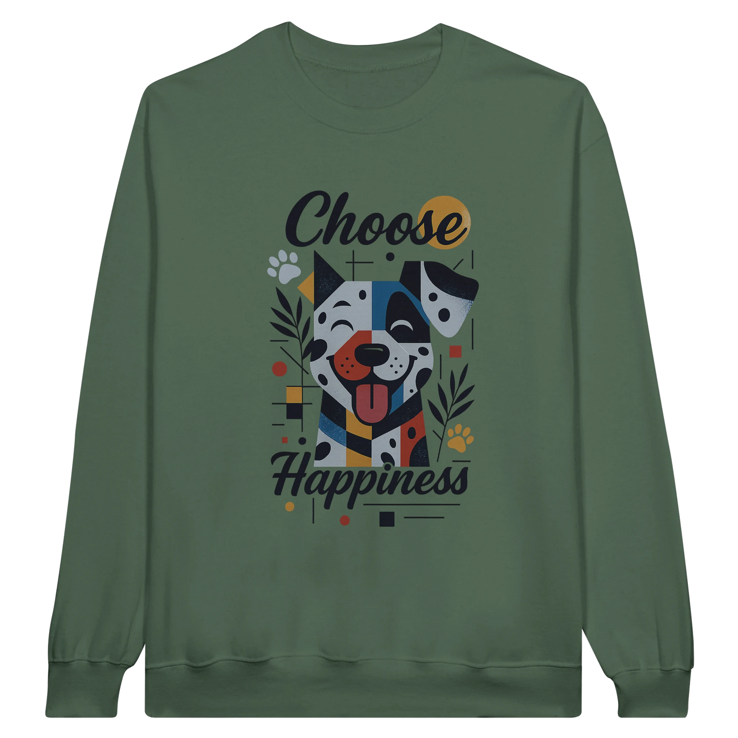 Front view — green sweatshirt with “Choose Happiness” dog graphic design.