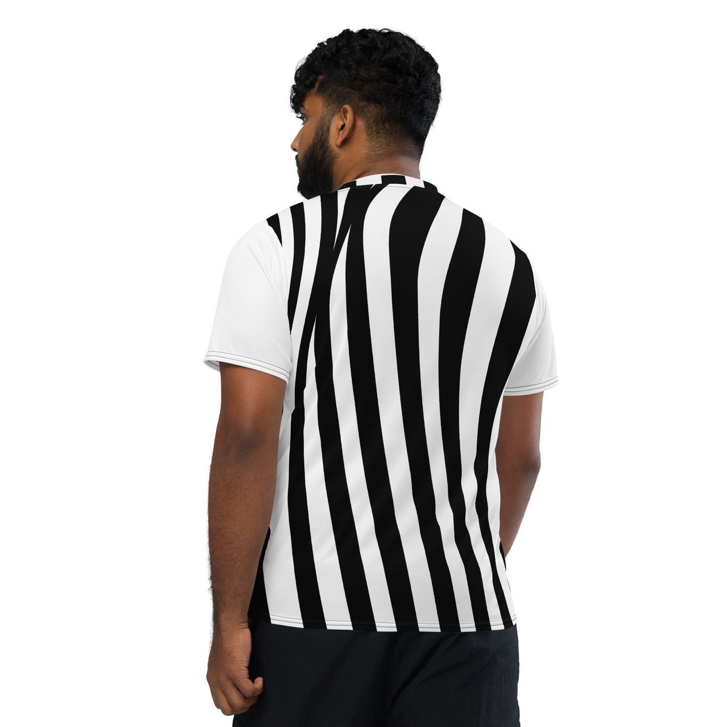 White short-sleeve T-shirt with black wavy vertical stripes, back view on model.