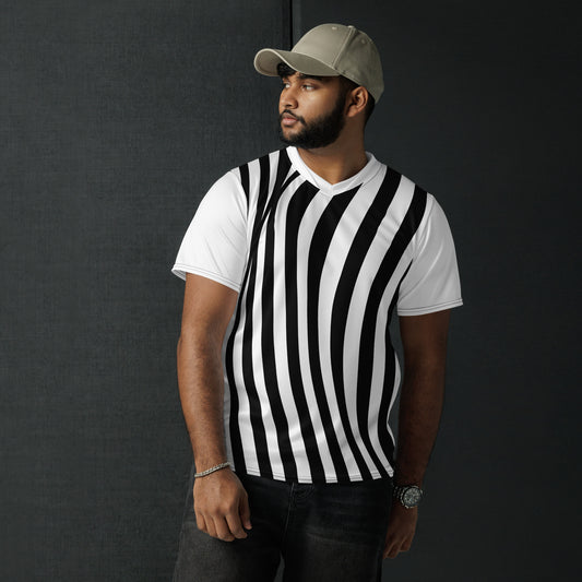 White short-sleeve T-shirt with black wavy vertical stripes, front view on model.