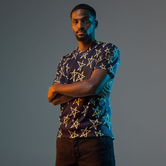 Navy short-sleeve shirt with yellow star pattern, front view on model.