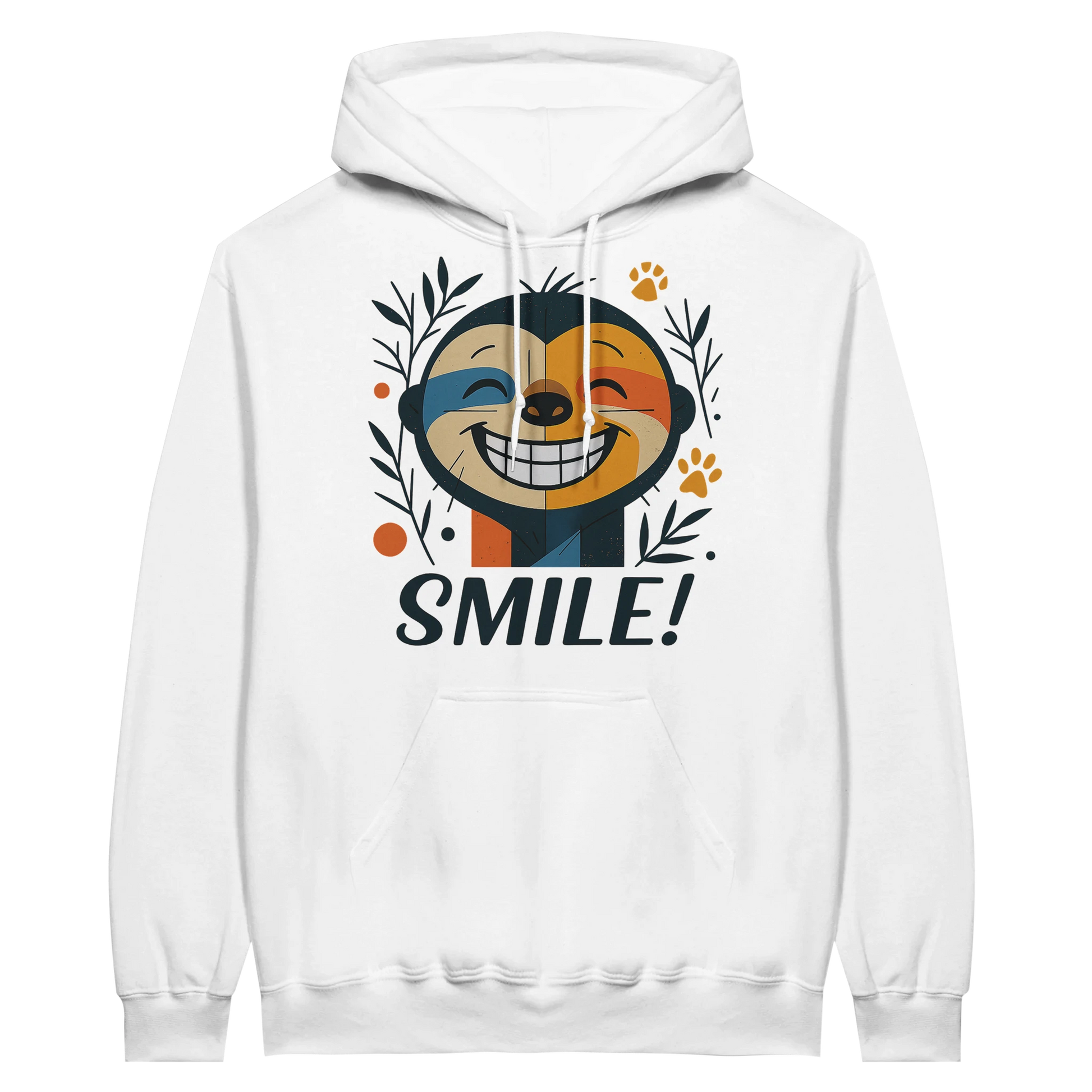 White hoodie featuring sloth illustration and cheerful text.