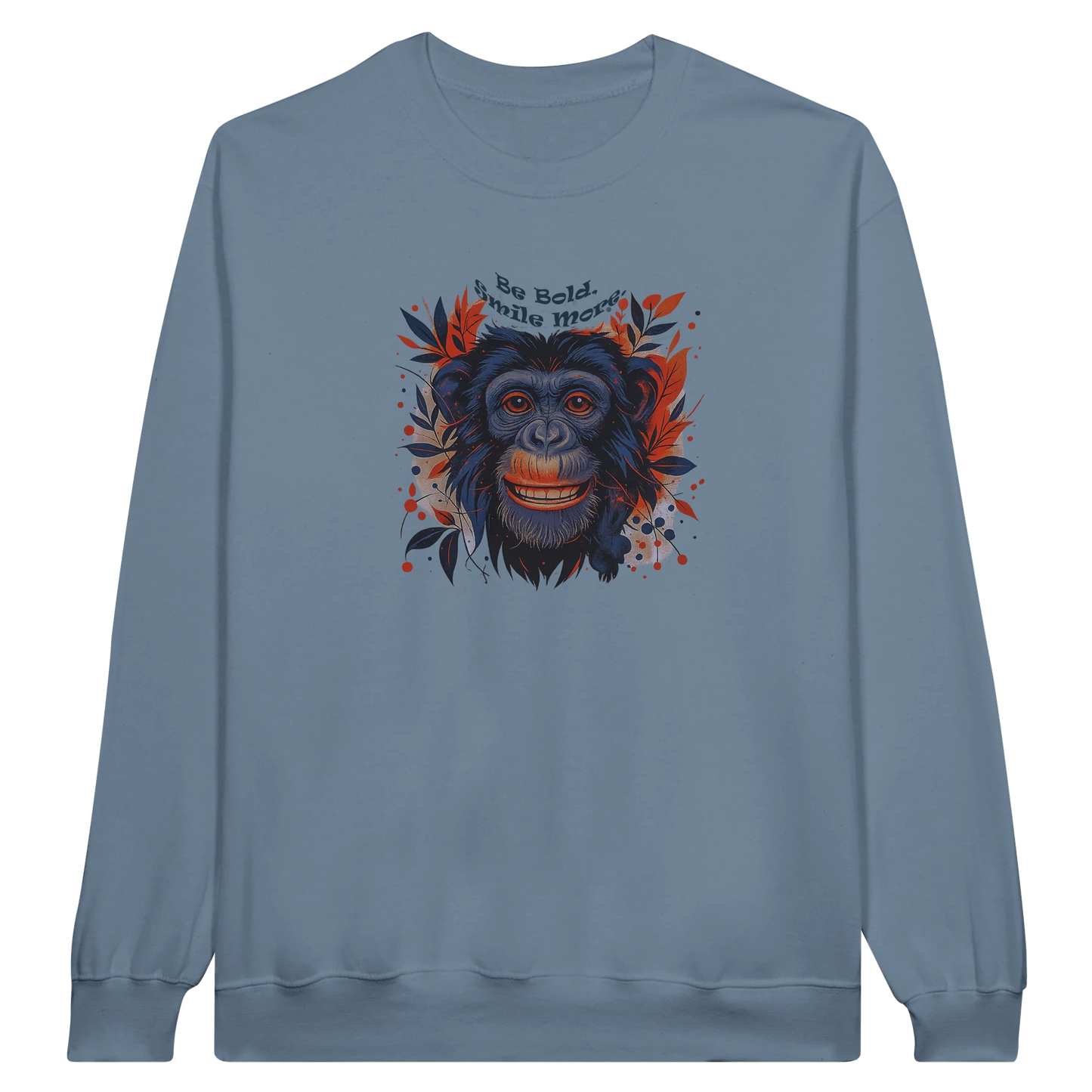 Front view — light blue sweatshirt with colorful chimpanzee graphic design and text.
