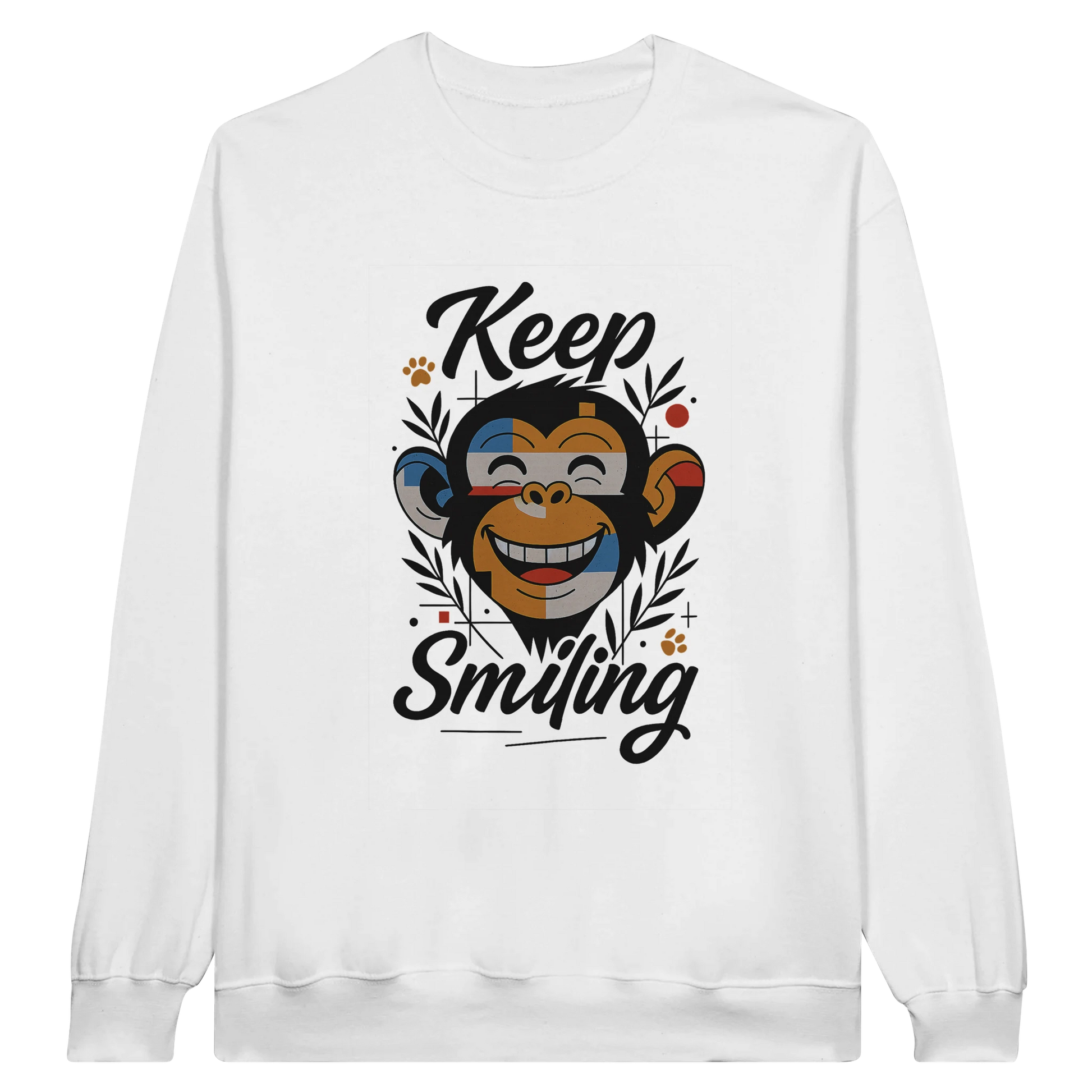 Front view — white sweatshirt with “Keep Smiling” monkey graphic design.