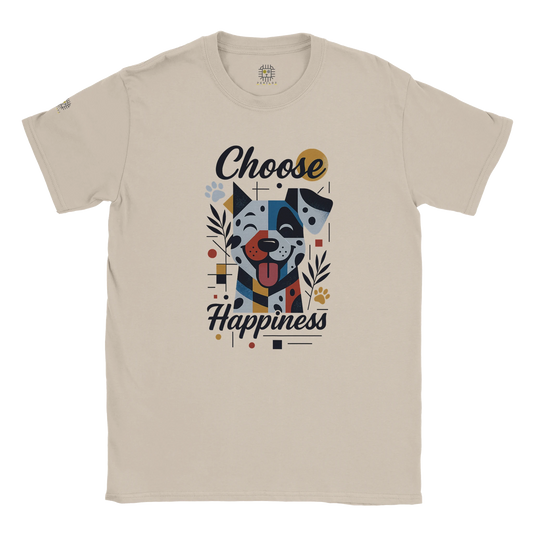 Beige T-shirt – Beige unisex inspirational graphic tee featuring a colorful dog illustration surrounded by flowers and the uplifting slogan “Choose Happiness.” Perfect motivational T-shirt for everyday wear.