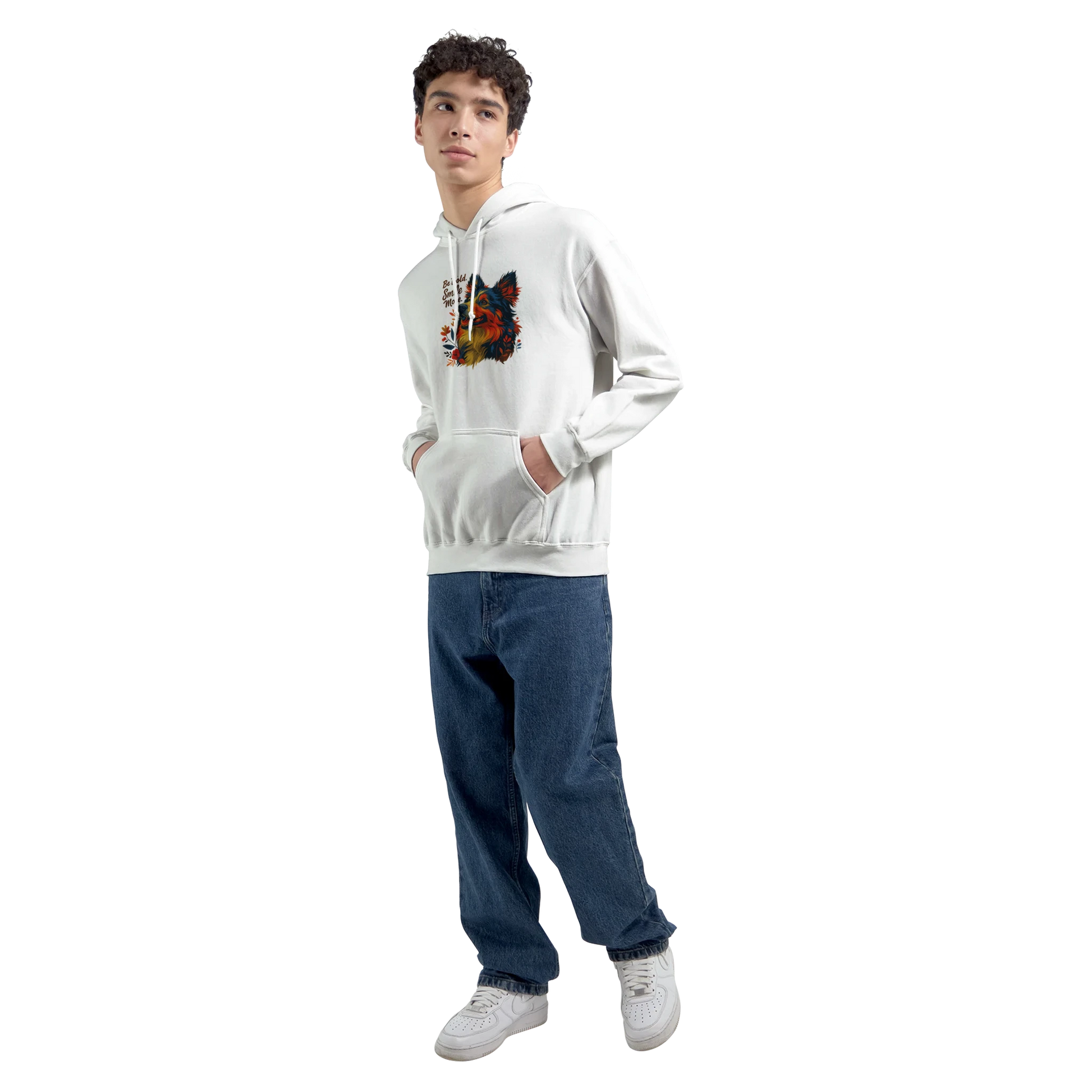 Model wearing the white hoodie from the front, highlighting the playful monkey artwork and casual relaxed fit.