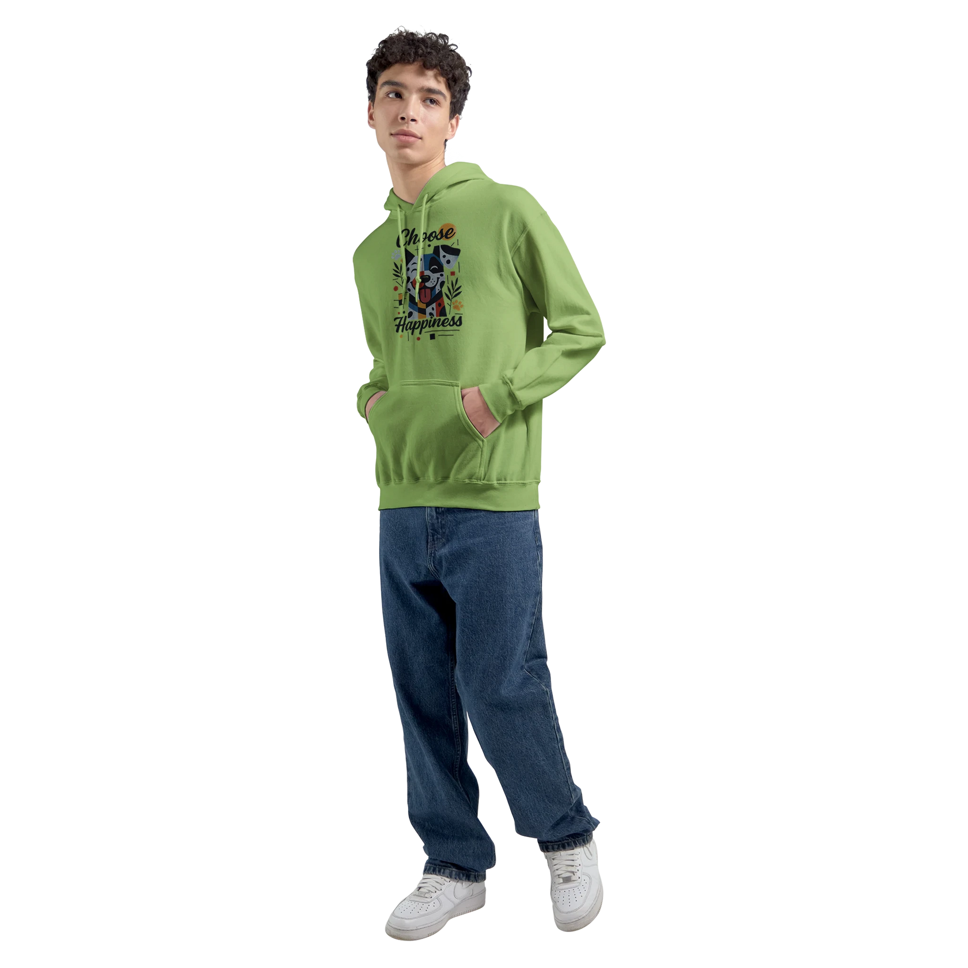 Male model front view — wearing light green hoodie with “Choose Happiness” design.